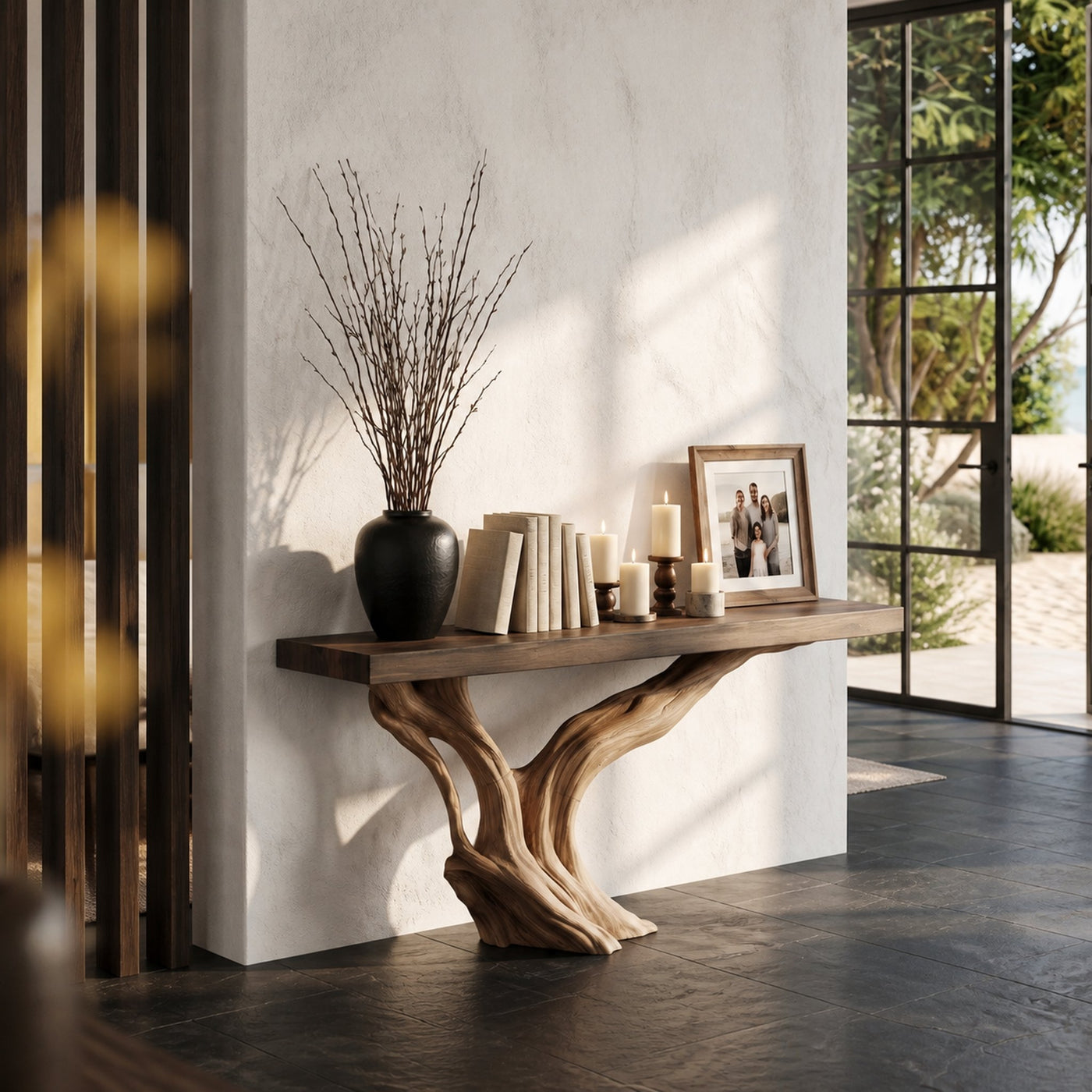 Organic Wall Mounted Console Table With Sculptural Wood Base For Hallway - product view 3