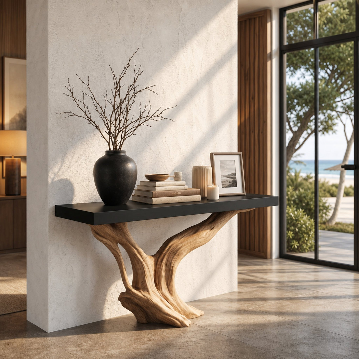 Organic Wall Mounted Console Table With Sculptural Wood Base For Hallway - product view 5