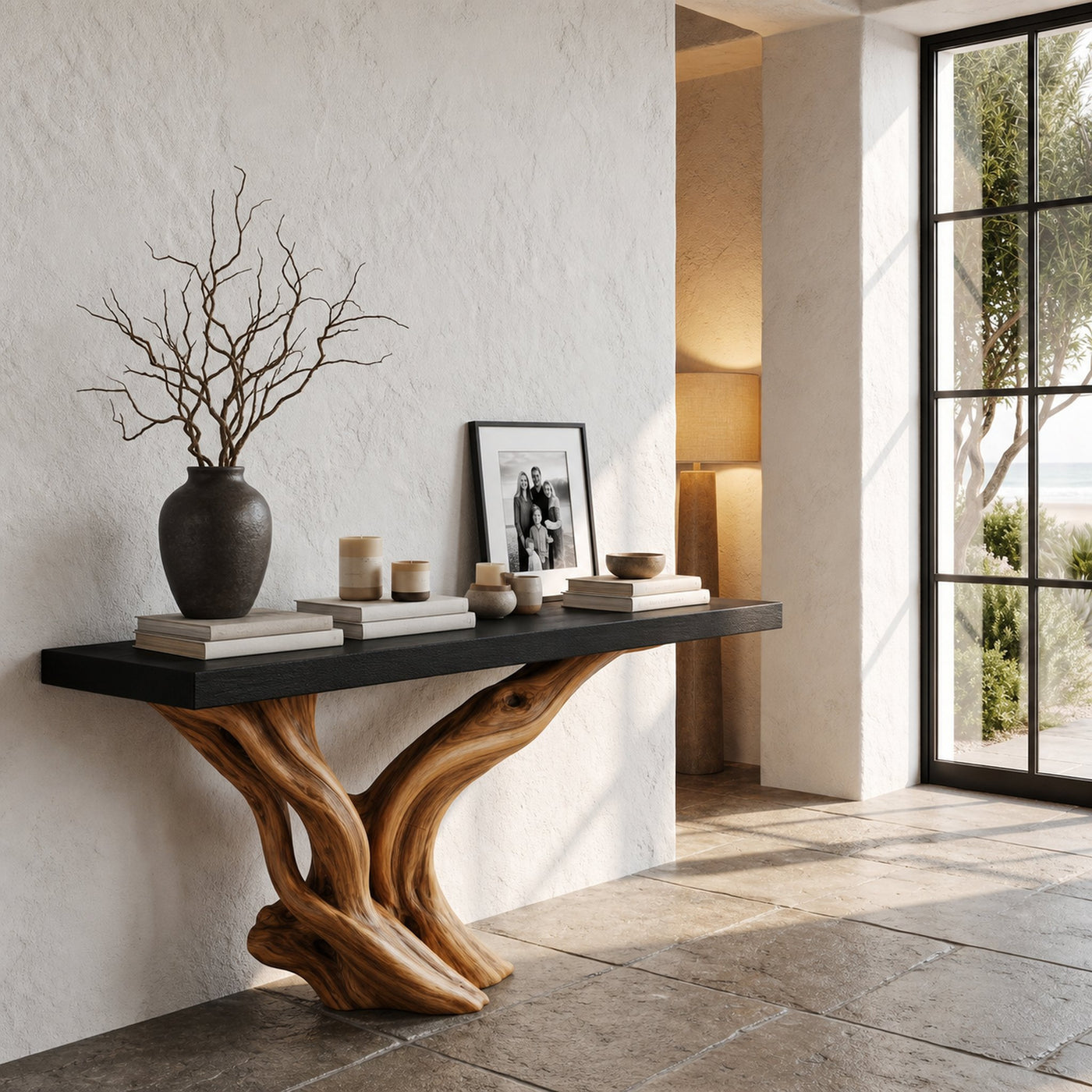 Organic Wall Mounted Console Table With Sculptural Wood Base For Hallway - product view 6