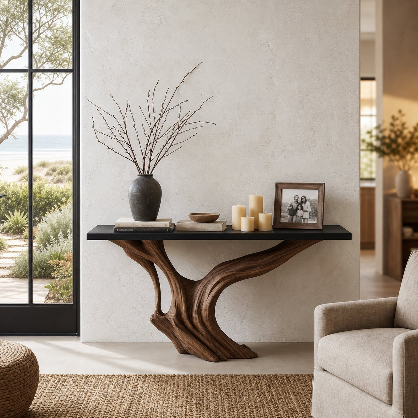 Organic Wall Mounted Console Table With Sculptural Wood Base For Hallway - product view 7