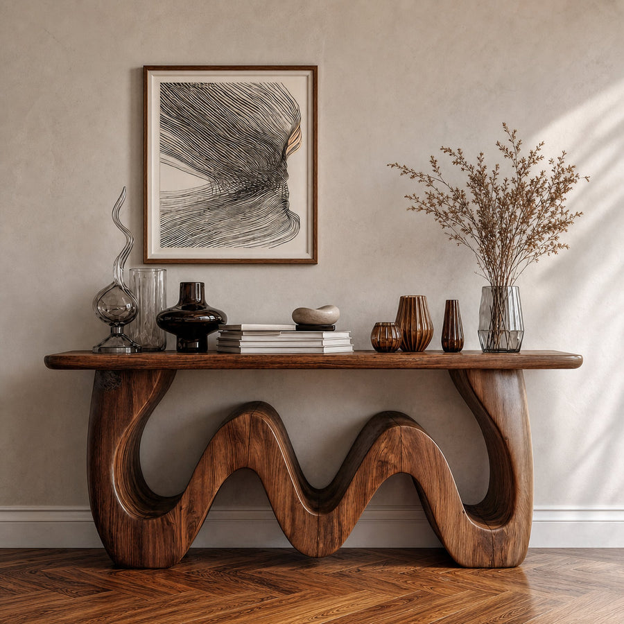 Organic Wave Console Table Solid Wood Bold Sculptural Curve Design Entryway And Living Room