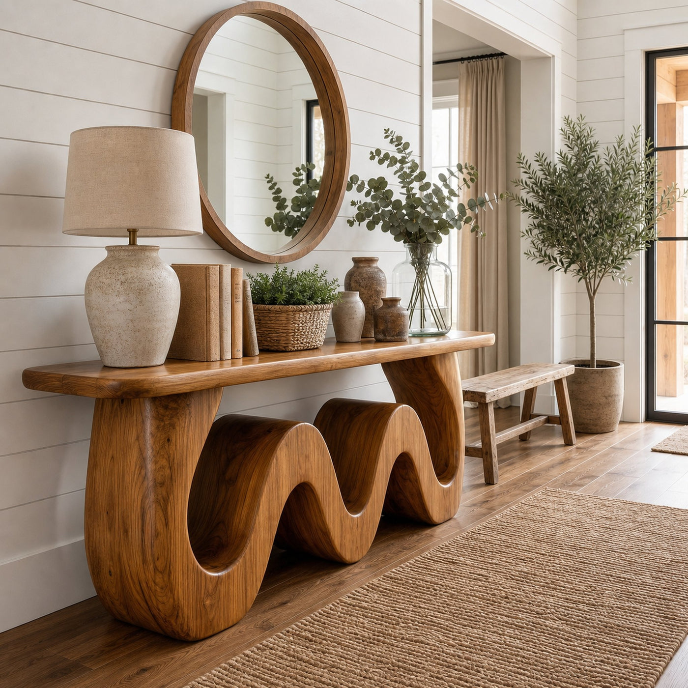Organic Wave Console Table Solid Wood Bold Sculptural Curve Design Entryway And Living Room - product view 6