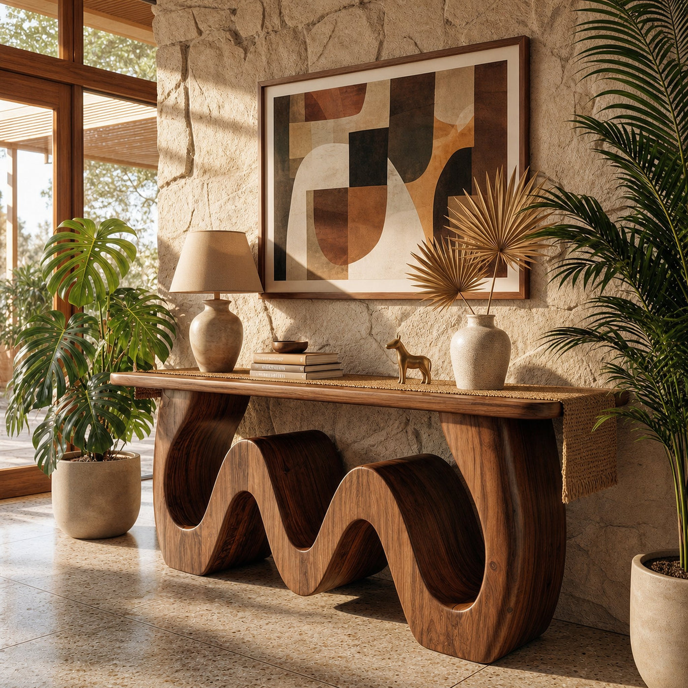 Organic Wave Console Table Solid Wood Bold Sculptural Curve Design Entryway And Living Room - product view 7