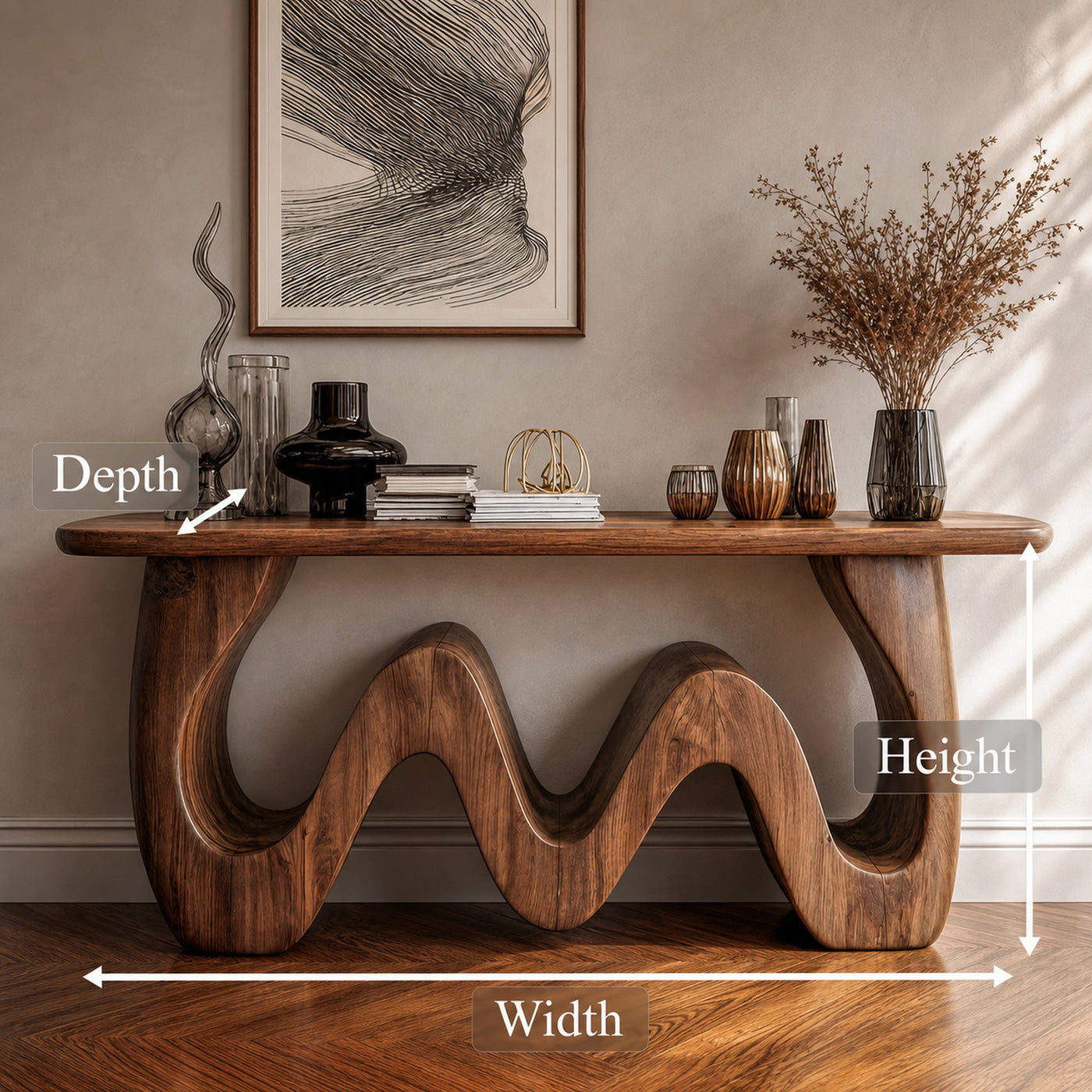Organic Wave Console Table Solid Wood Bold Sculptural Curve Design Entryway And Living Room - product view 8