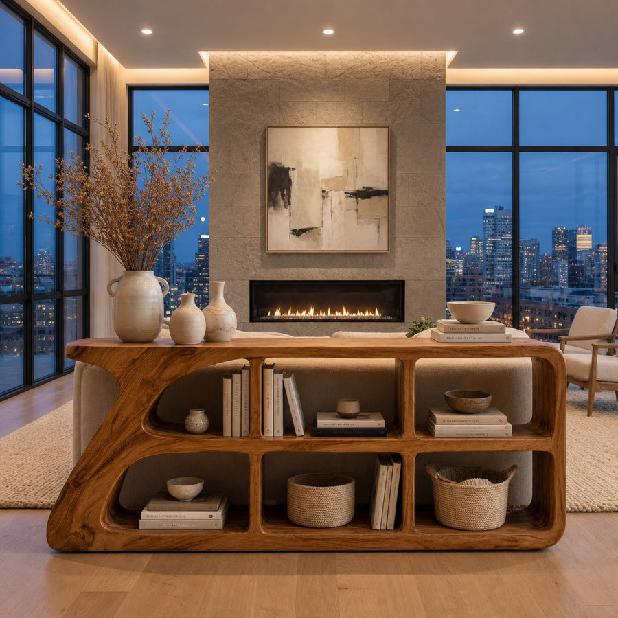 Organic Wood Console Table With Cubby Storage For Living Room