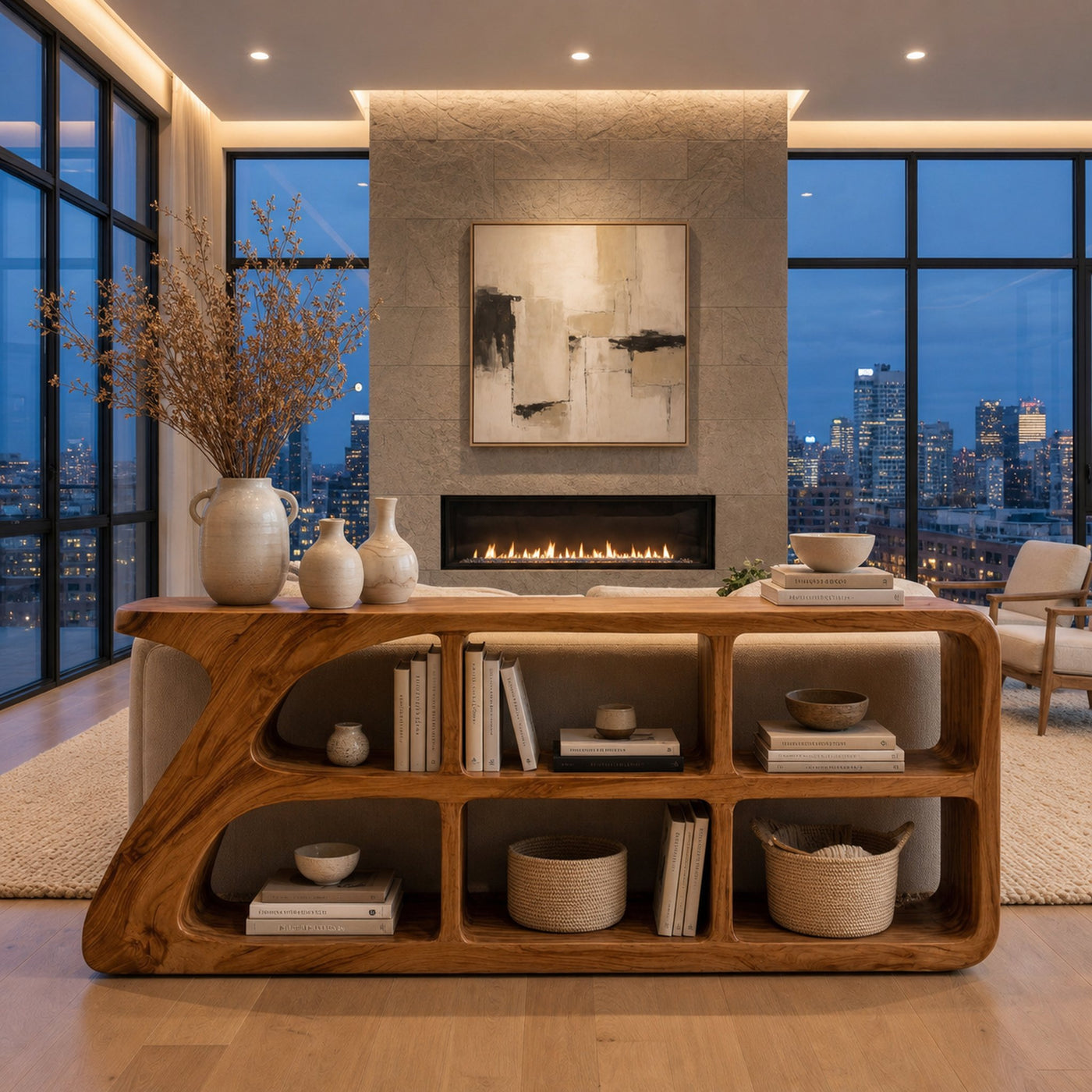 Organic Wood Console Table With Cubby Storage For Living Room