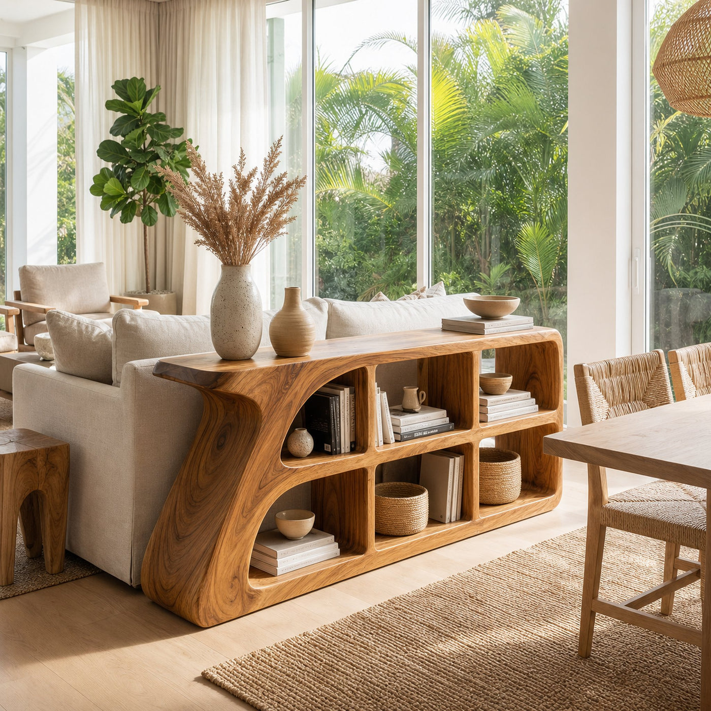 Organic Wood Console Table With Cubby Storage For Living Room - product view 2