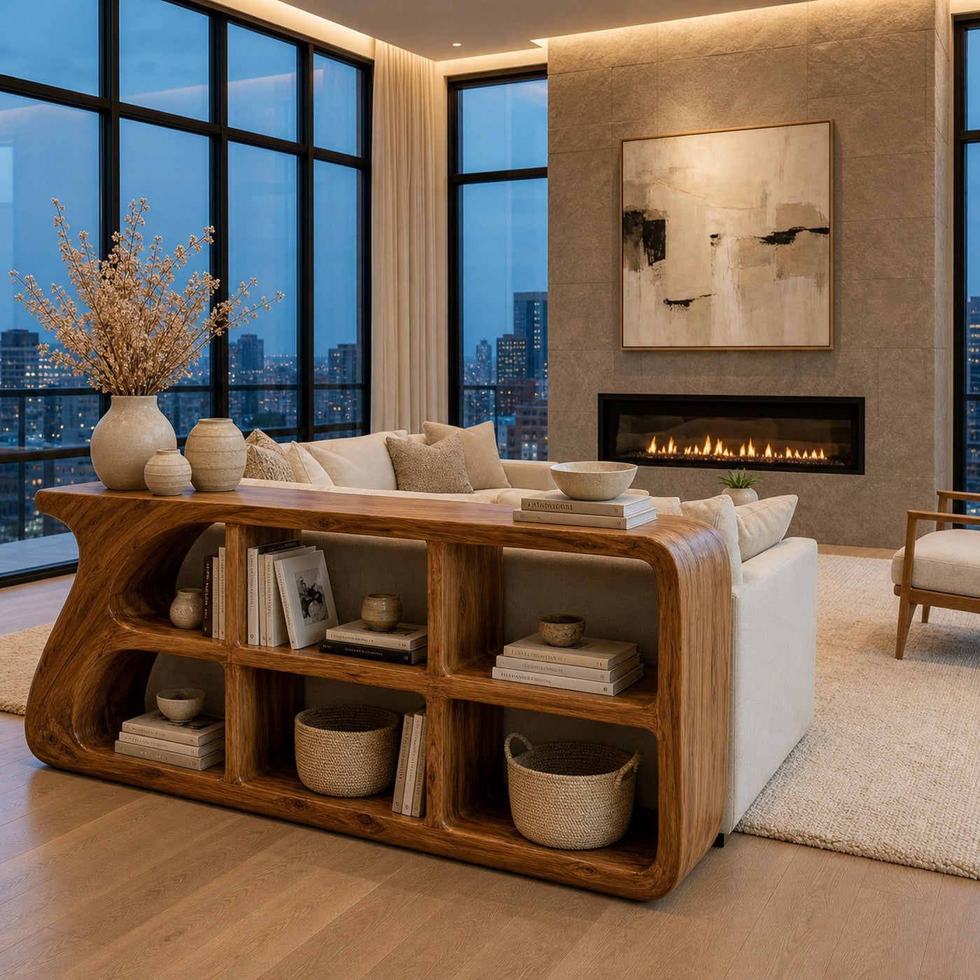Organic Wood Console Table With Cubby Storage For Living Room - product view 3