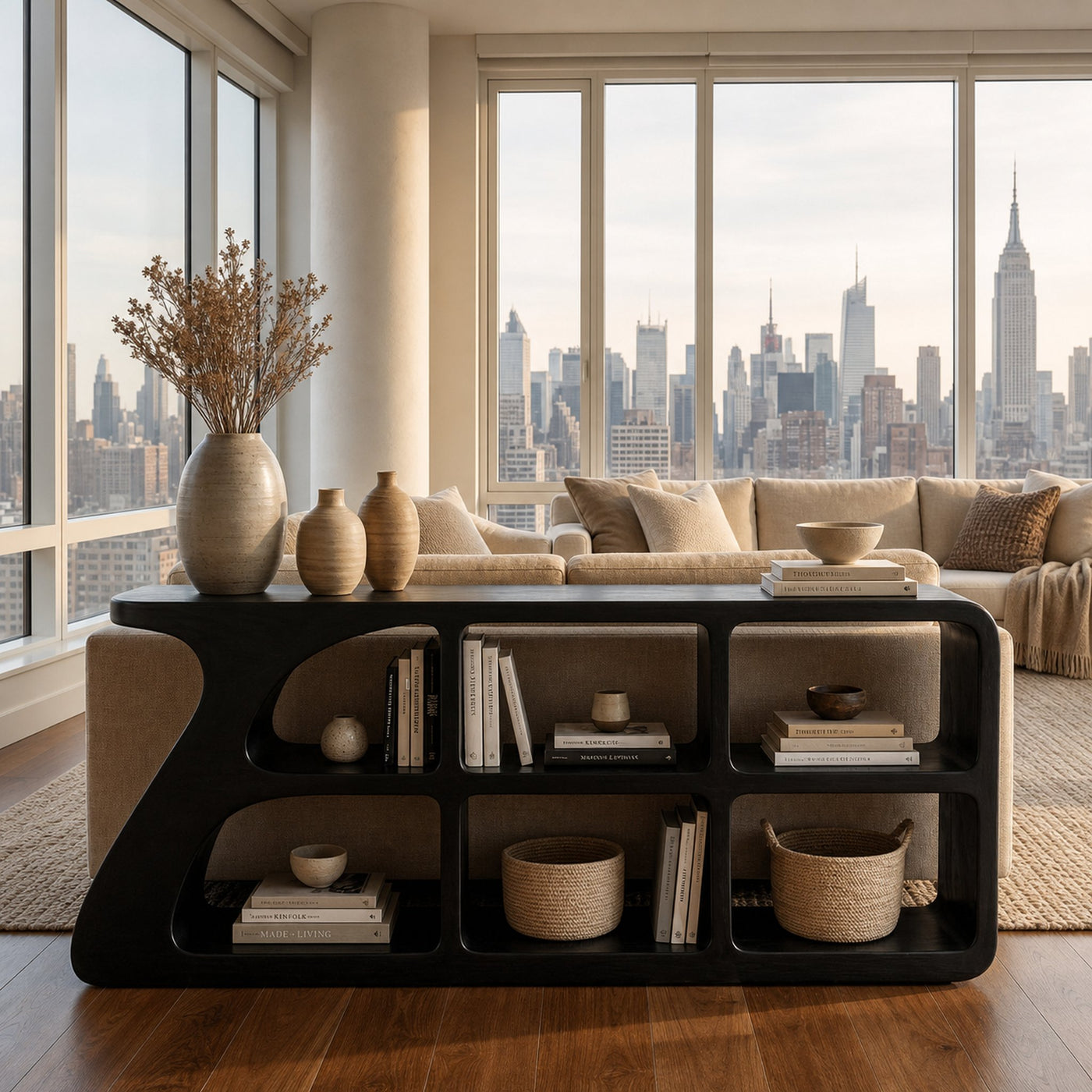 Organic Wood Console Table With Cubby Storage For Living Room - product view 4