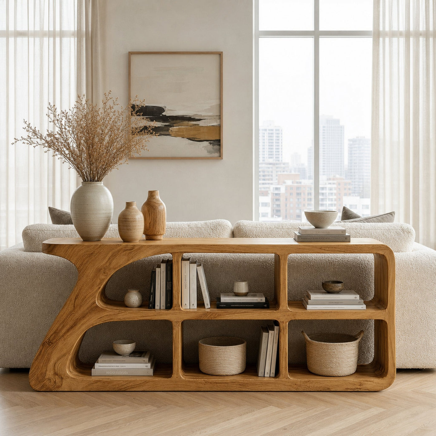 Organic Wood Console Table With Cubby Storage For Living Room - product view 5