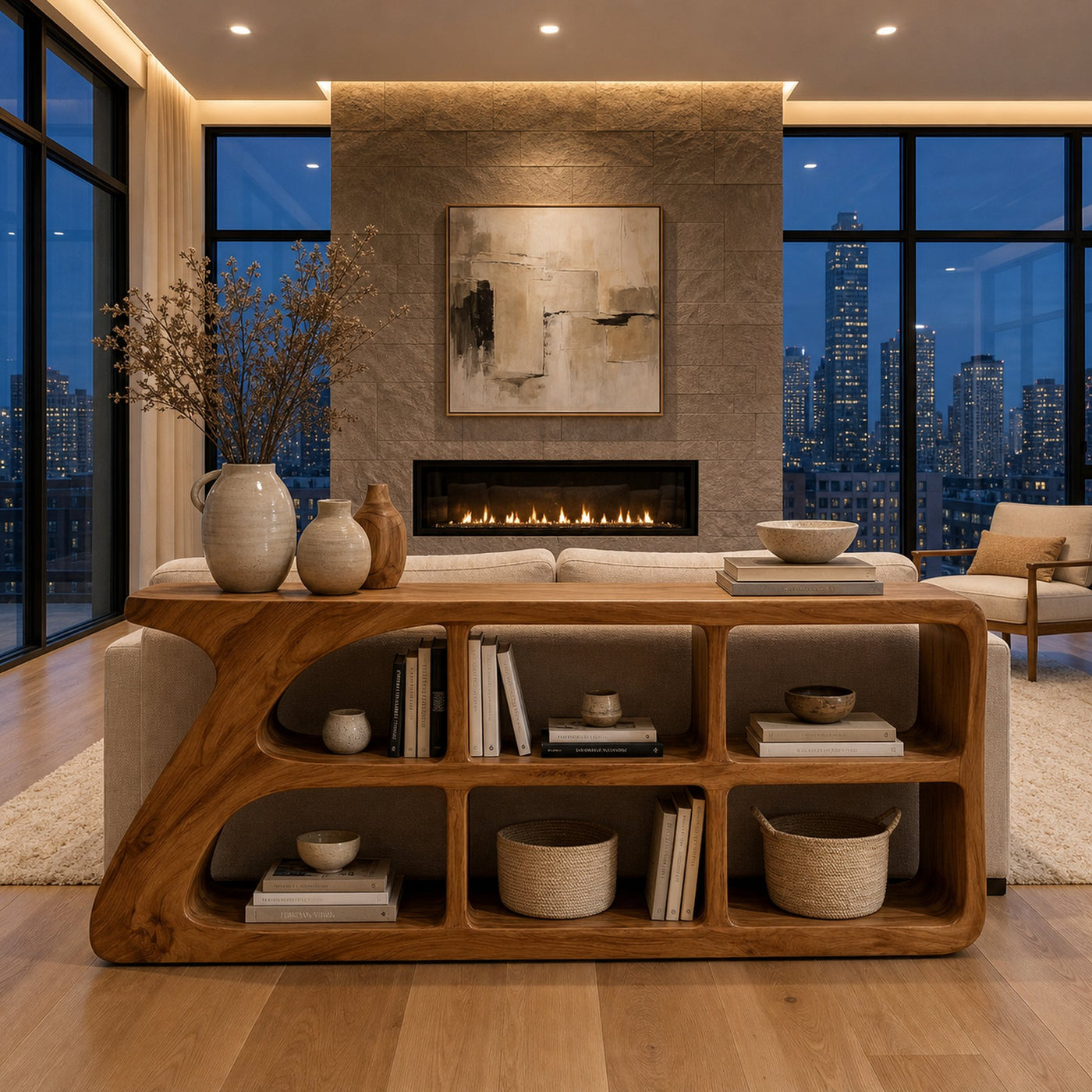 Organic Wood Console Table With Cubby Storage For Living Room - product view 6