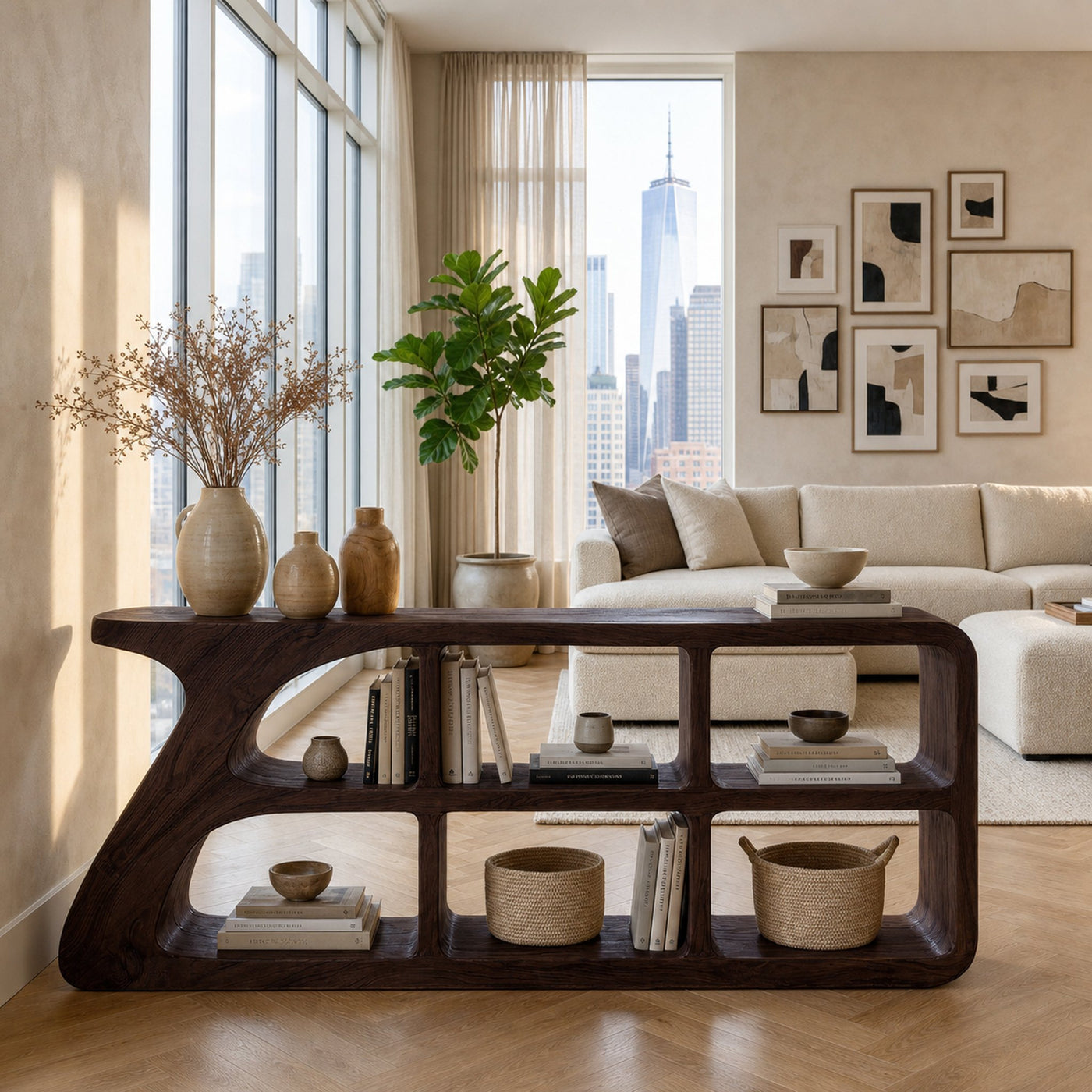 Organic Wood Console Table With Cubby Storage For Living Room - product view 7