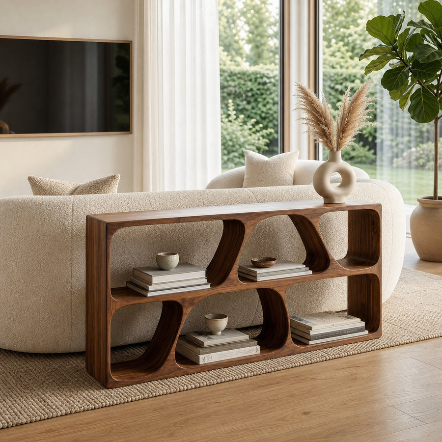 Organic Wood Console Table With Multiple Storage Compartments For Living