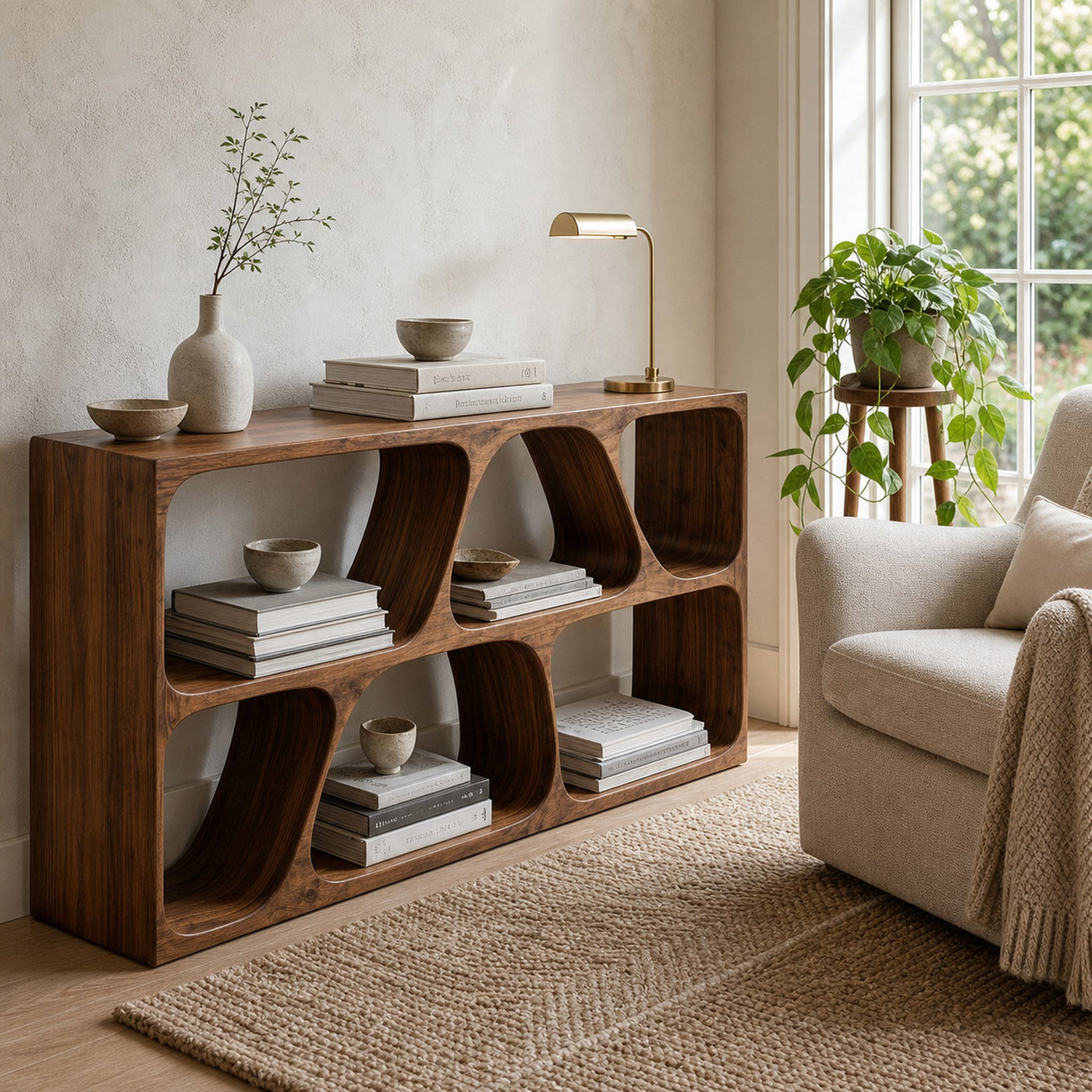 Organic Wood Console Table With Multiple Storage Compartments For Living - product view 3