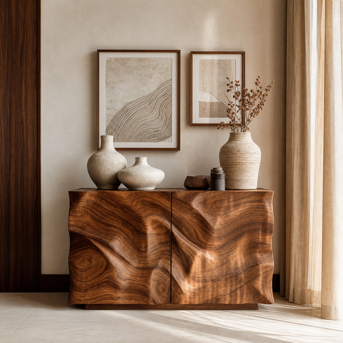 Organic Wood Sculptural Console Table For Home Decor