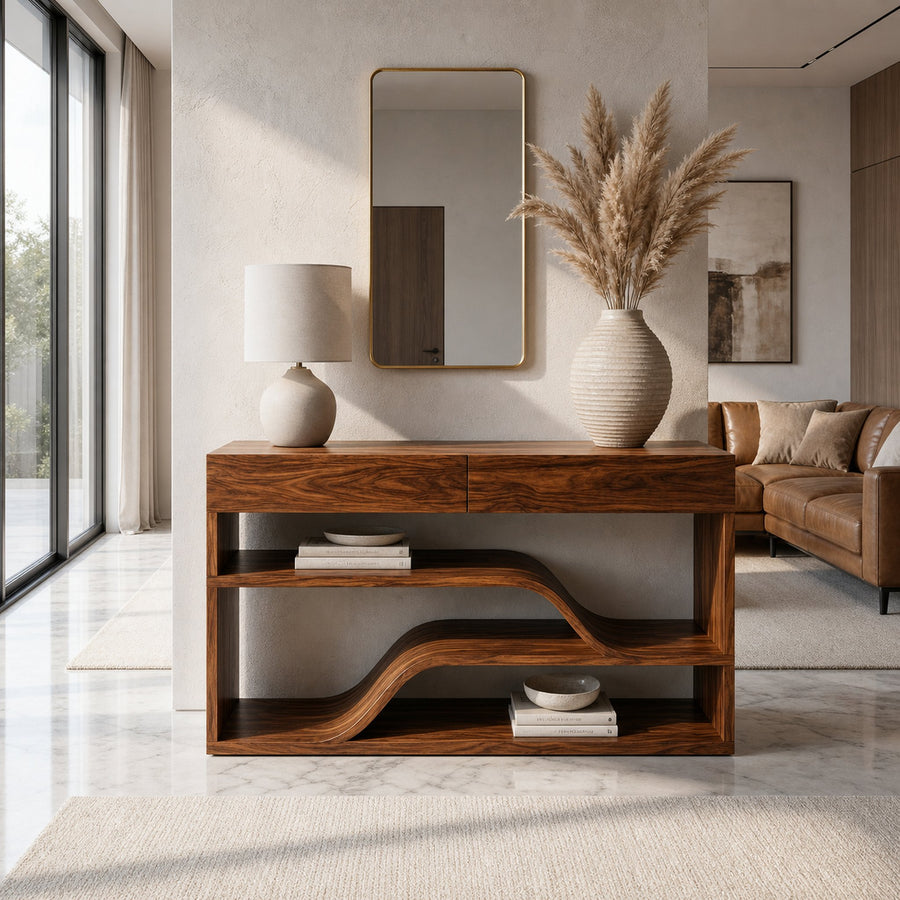 Organic Wooden Console Table With Connecting Shelving Units For Entryway