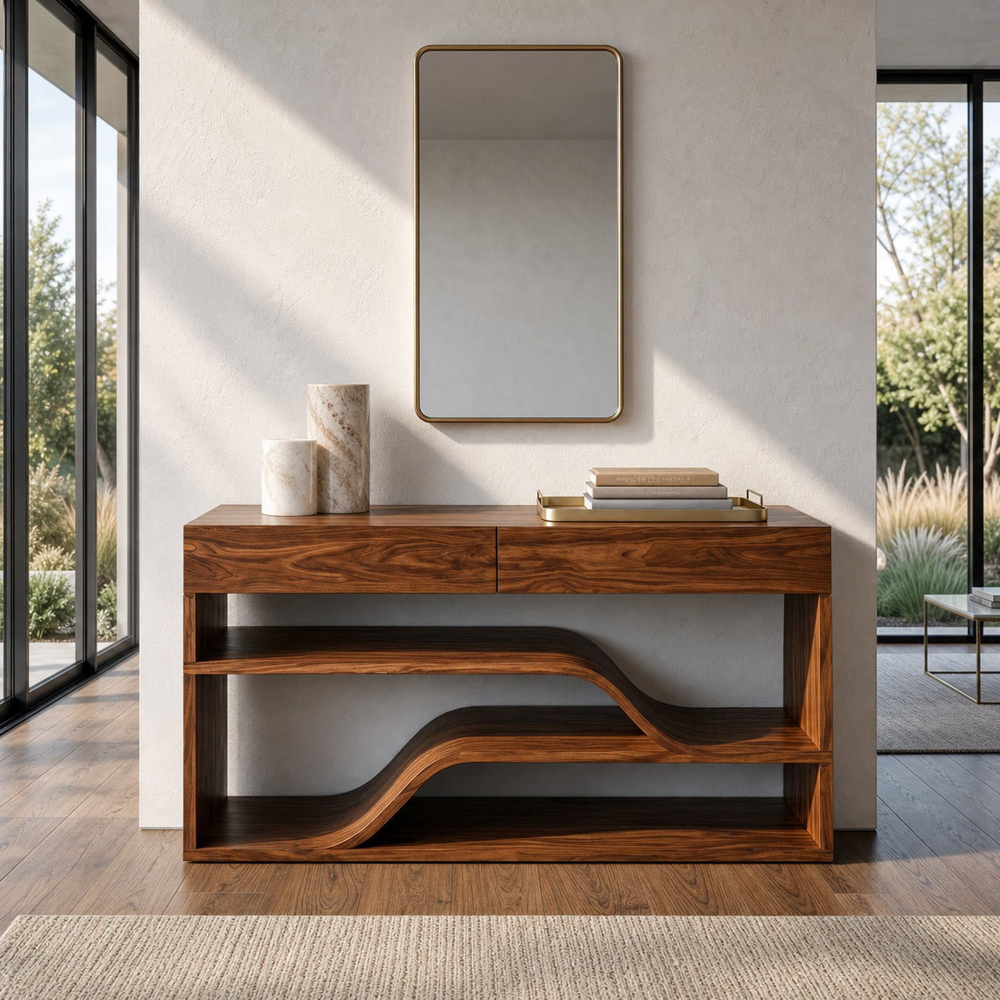 Organic Wooden Console Table With Connecting Shelving Units For Entryway - product view 6