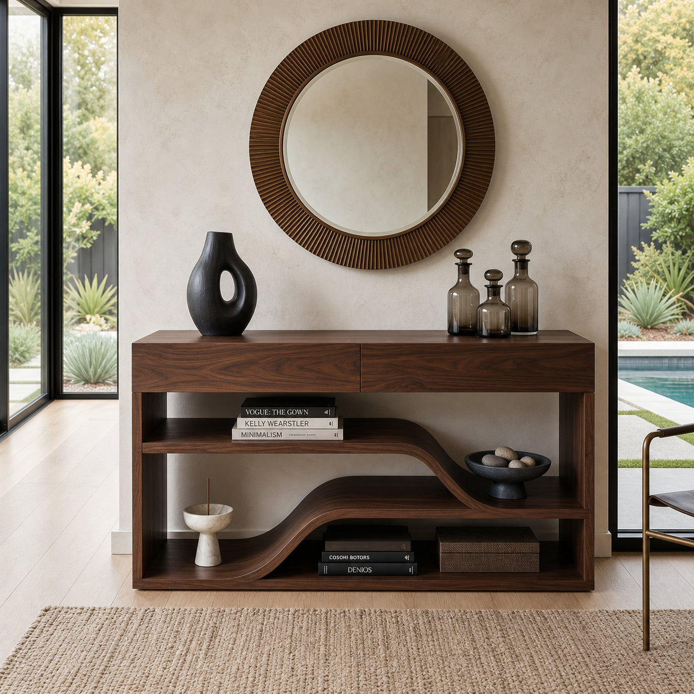 Organic Wooden Console Table With Connecting Shelving Units For Entryway - product view 7