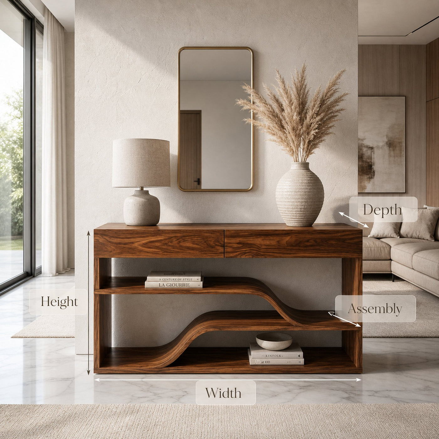 Organic Wooden Console Table With Connecting Shelving Units For Entryway - product view 8