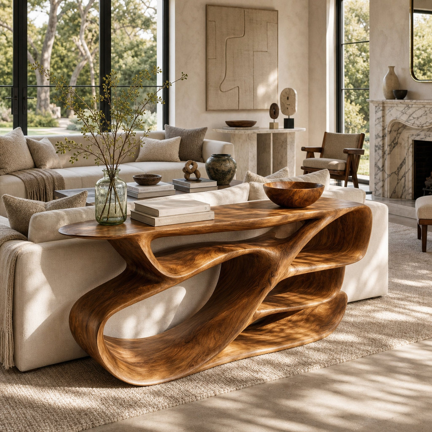 Organic Wooden Console Table With Hollow Compartments For Living Decor