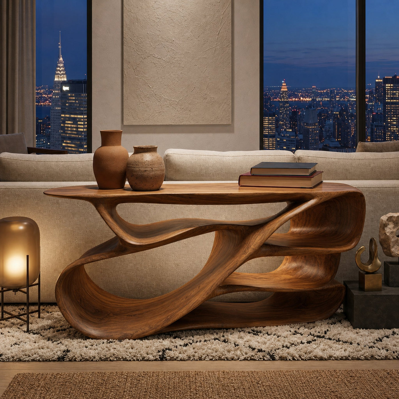 Organic Wooden Console Table With Hollow Compartments For Living Decor - product view 2
