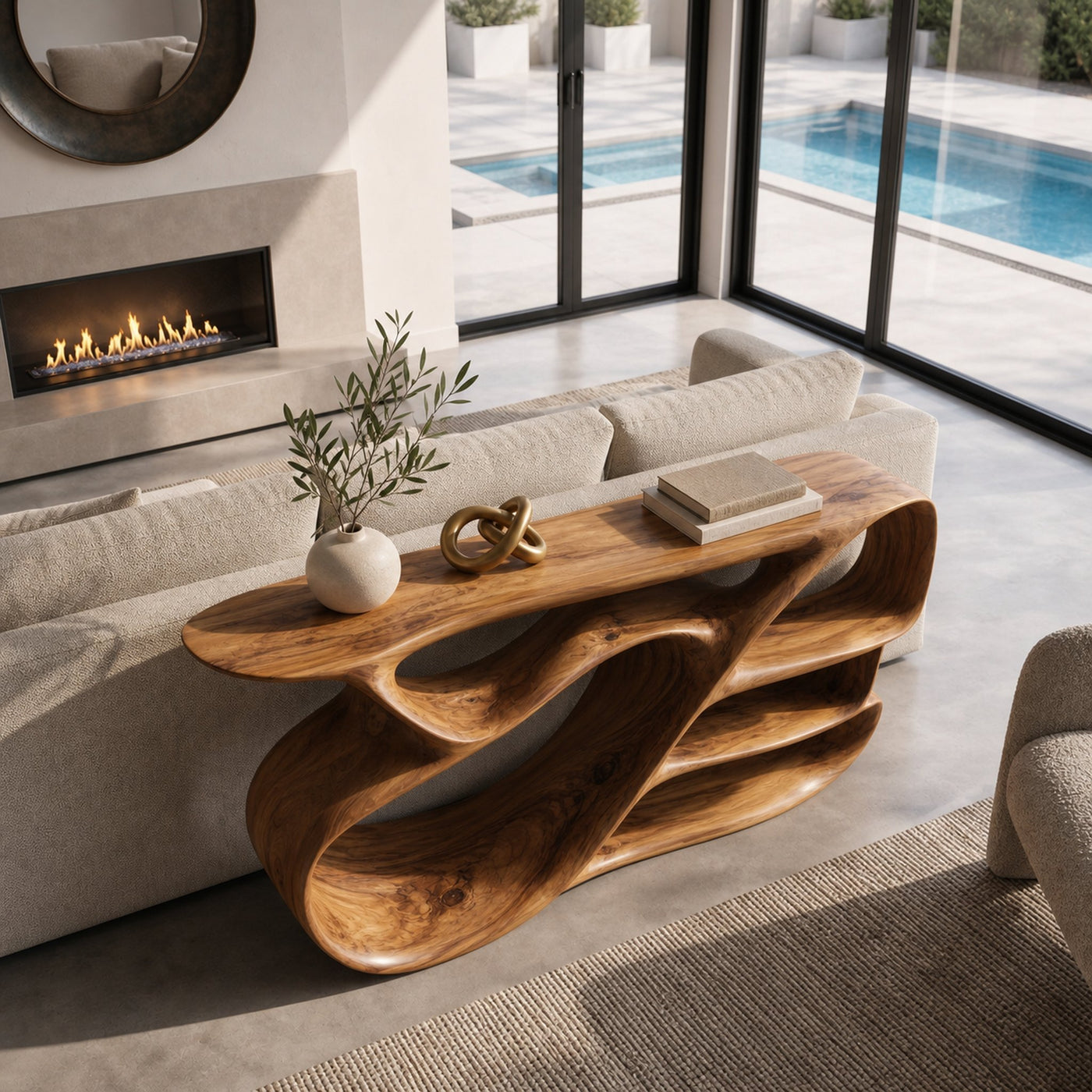 Organic Wooden Console Table With Hollow Compartments For Living Decor - product view 3