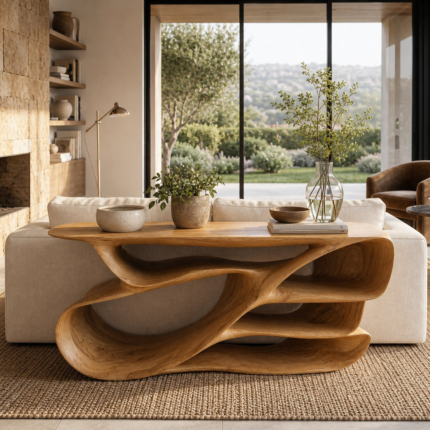 Organic Wooden Console Table With Hollow Compartments For Living Decor - product view 5