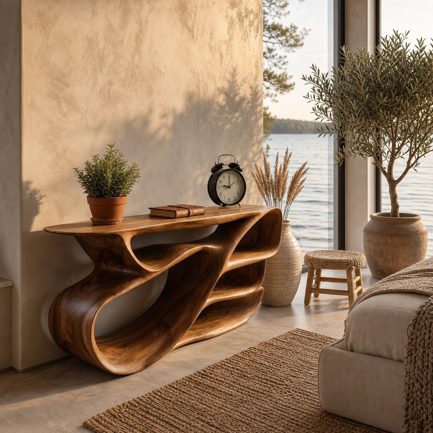 Organic Wooden Console Table With Hollow Compartments For Living Decor - product view 6