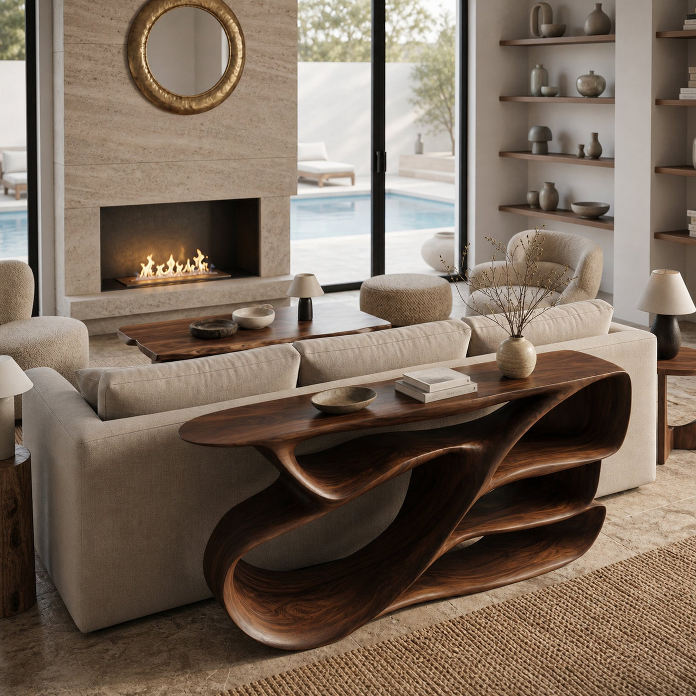 Organic Wooden Console Table With Hollow Compartments For Living Decor - product view 7