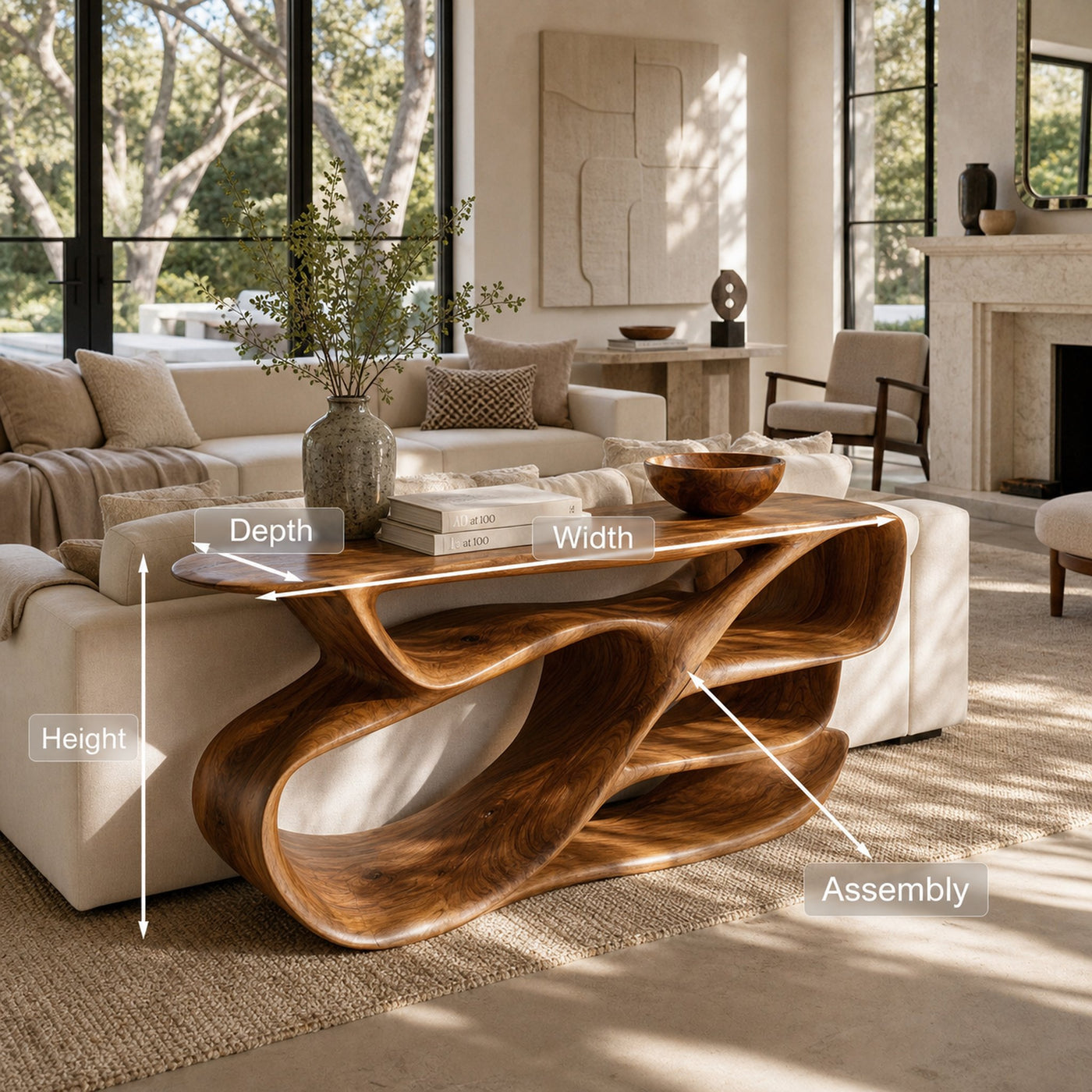 Organic Wooden Console Table With Hollow Compartments For Living Decor - product view 8