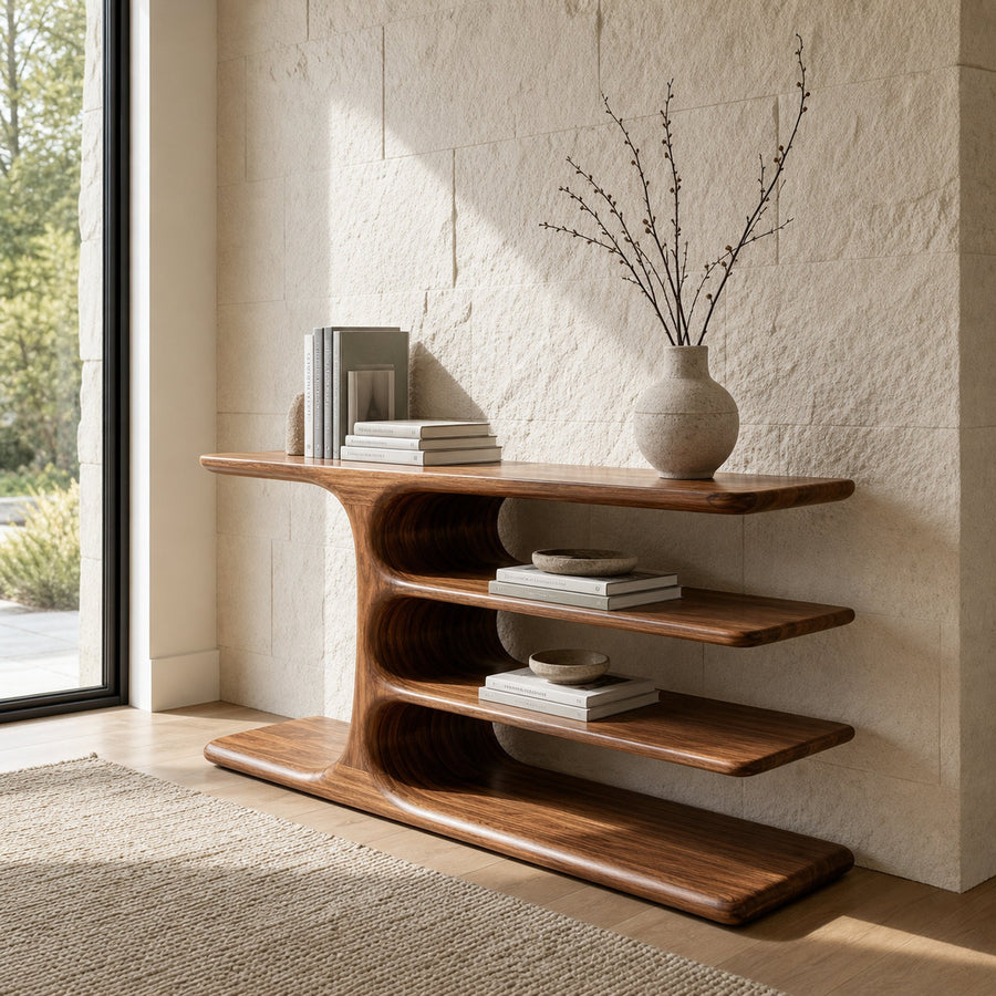 Organic Wooden Console Table With Layered Shelving For Hallway