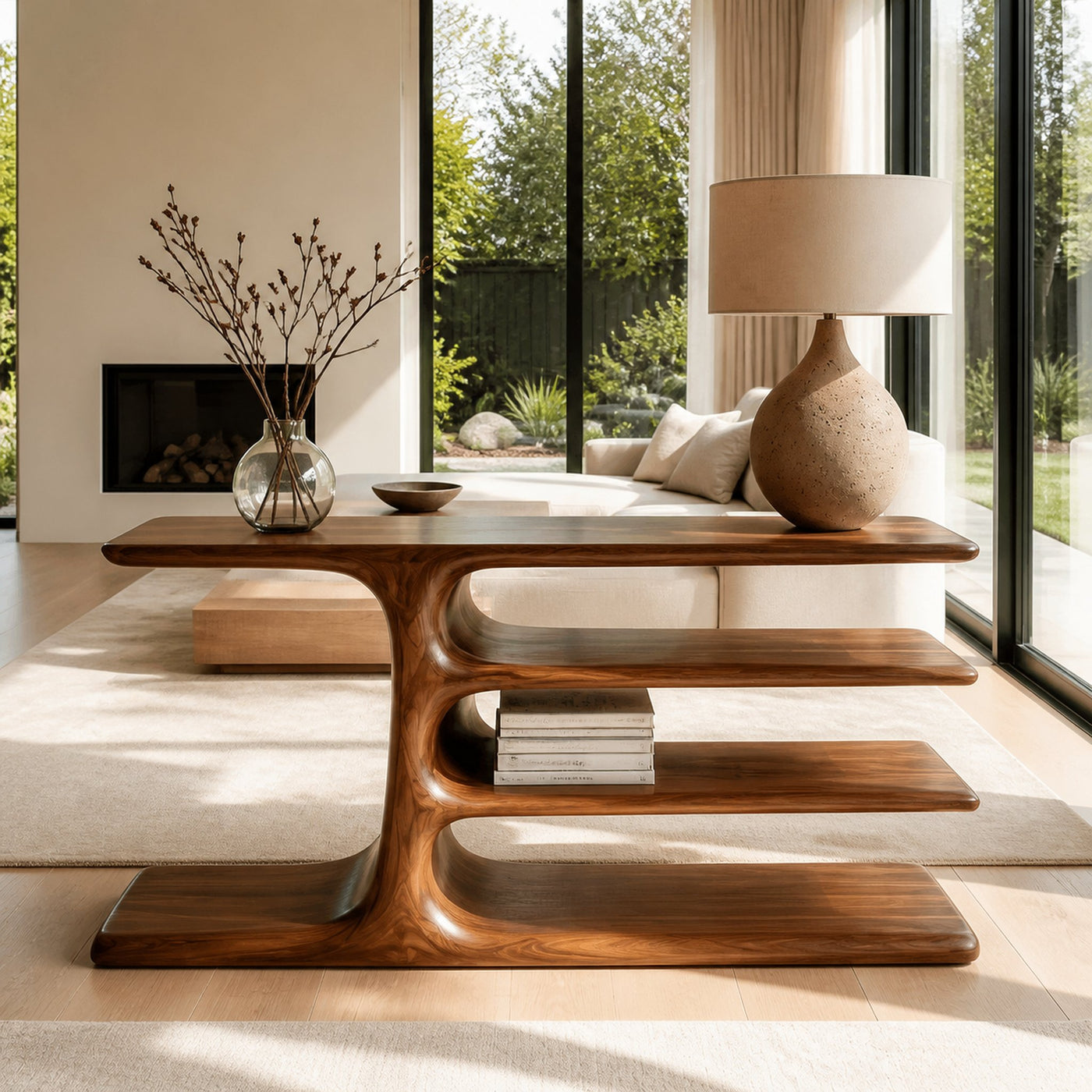 Organic Wooden Console Table With Layered Shelving For Hallway - product view 2