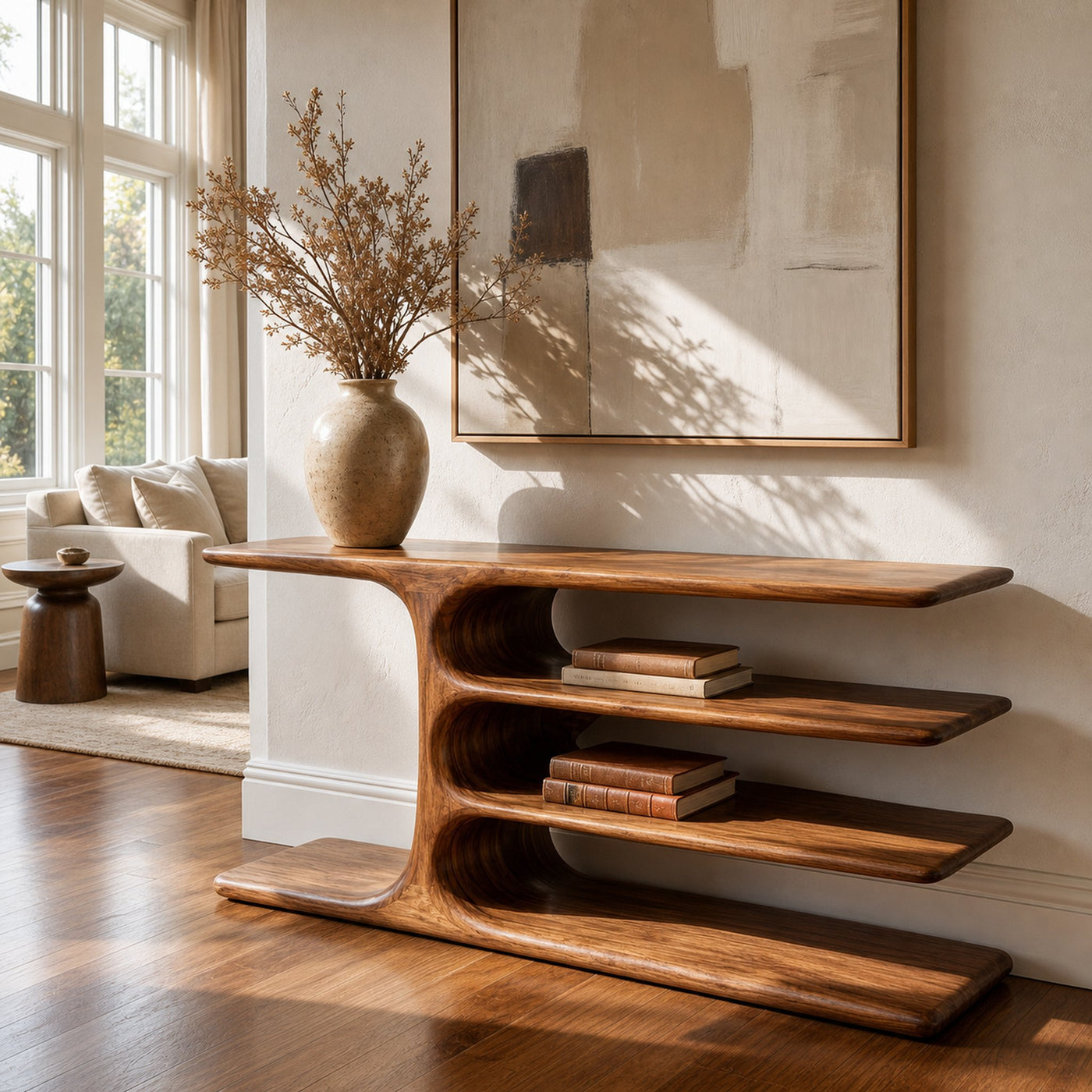 Organic Wooden Console Table With Layered Shelving For Hallway - product view 3