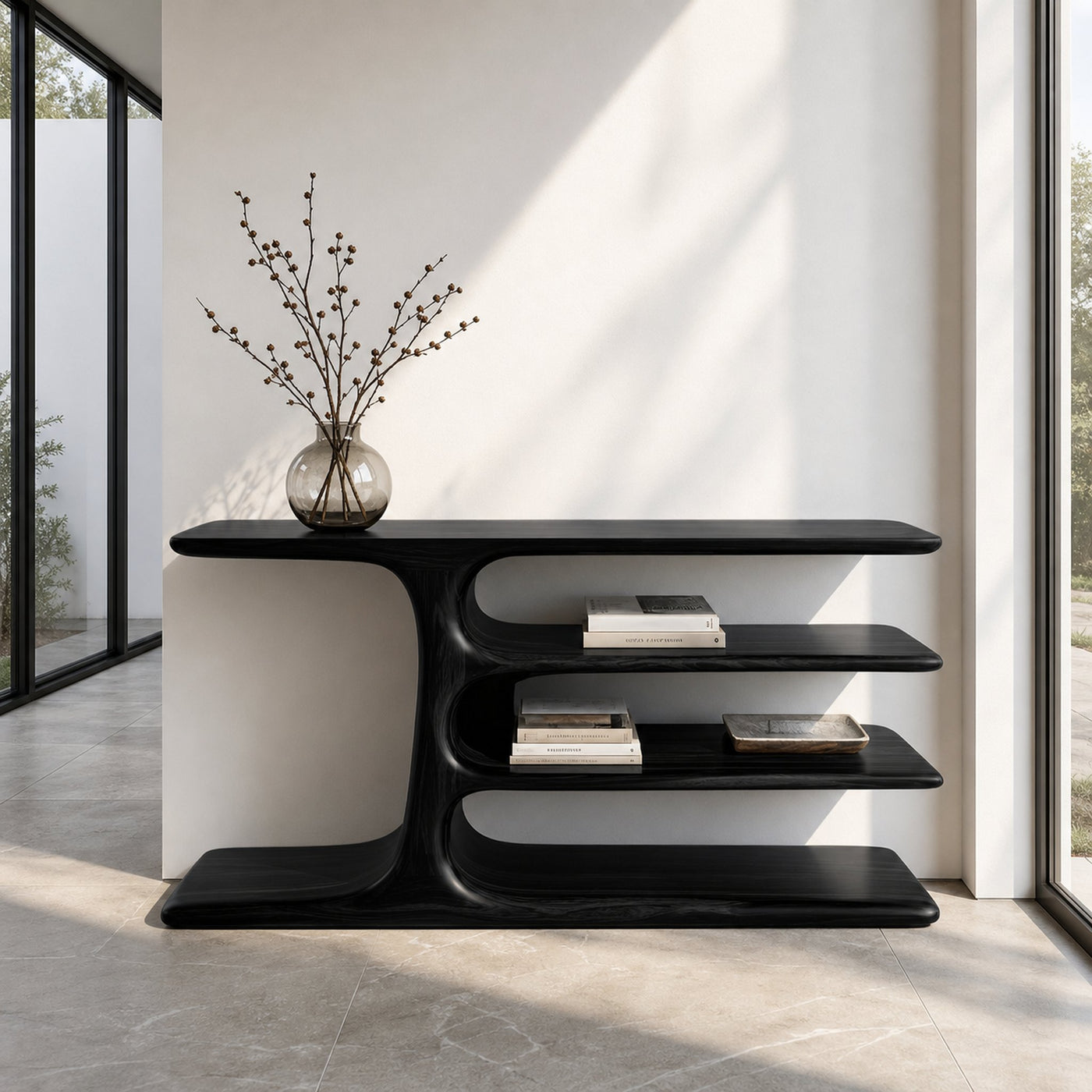 Organic Wooden Console Table With Layered Shelving For Hallway - product view 4