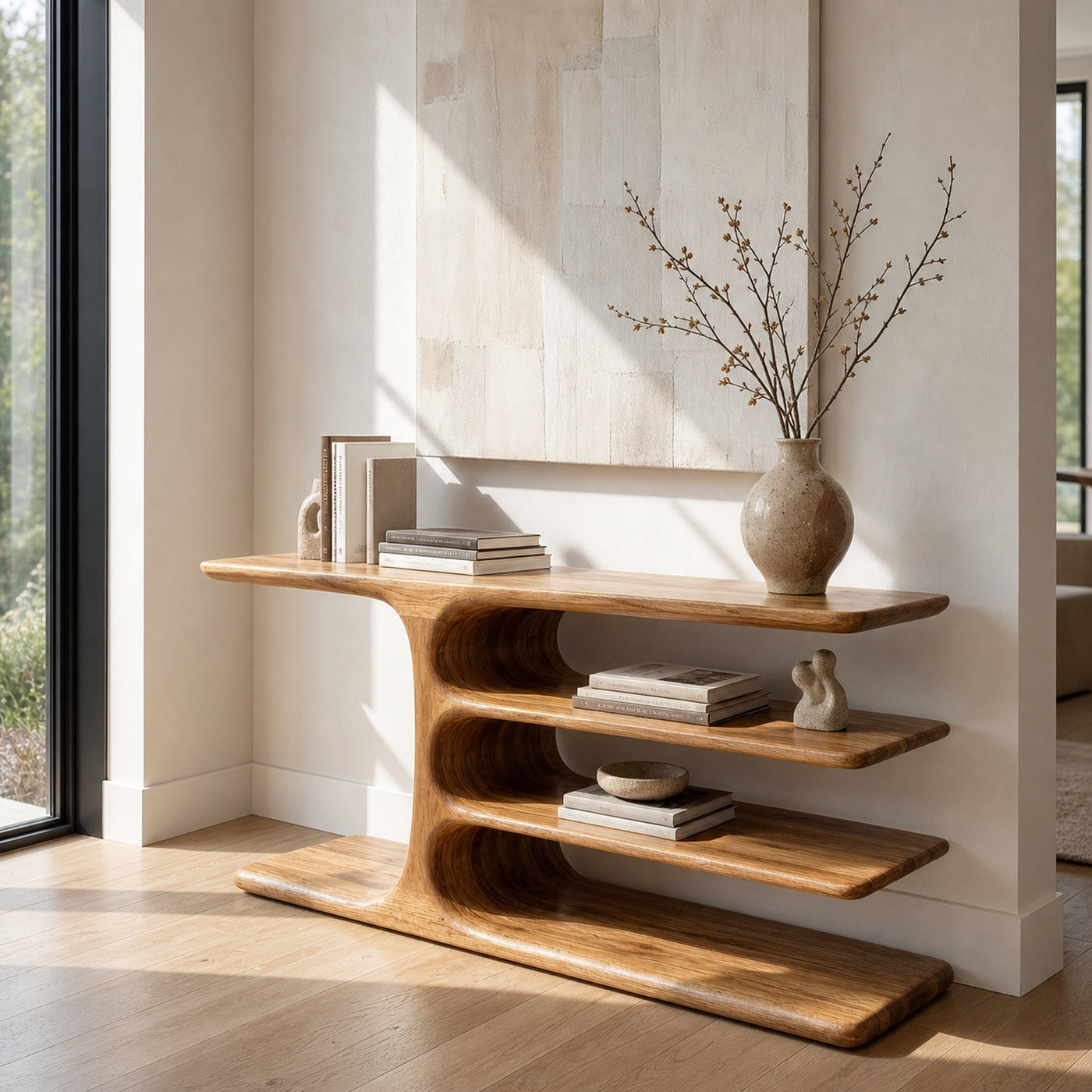 Organic Wooden Console Table With Layered Shelving For Hallway - product view 5