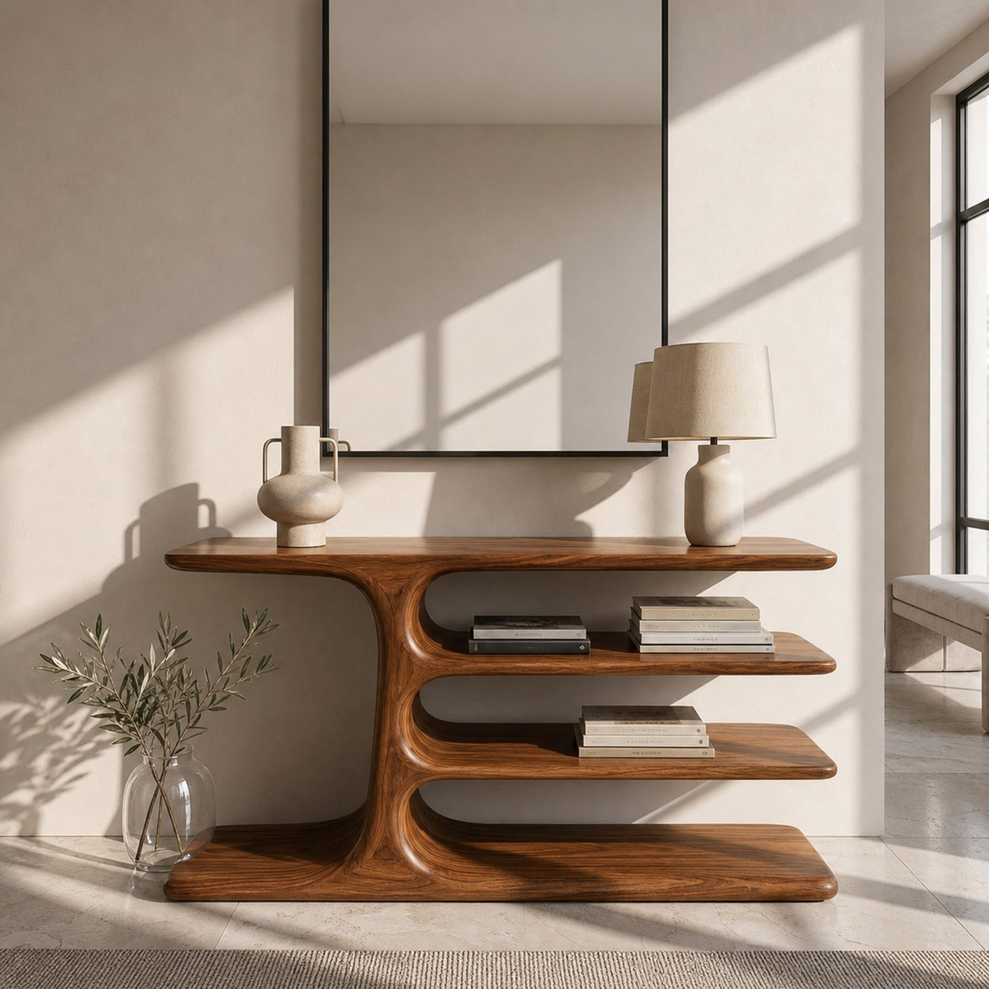 Organic Wooden Console Table With Layered Shelving For Hallway - product view 6