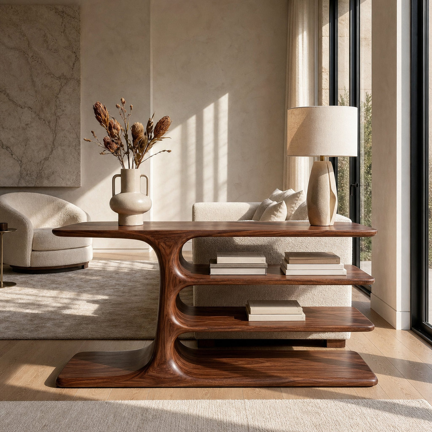 Organic Wooden Console Table With Layered Shelving For Hallway - product view 7