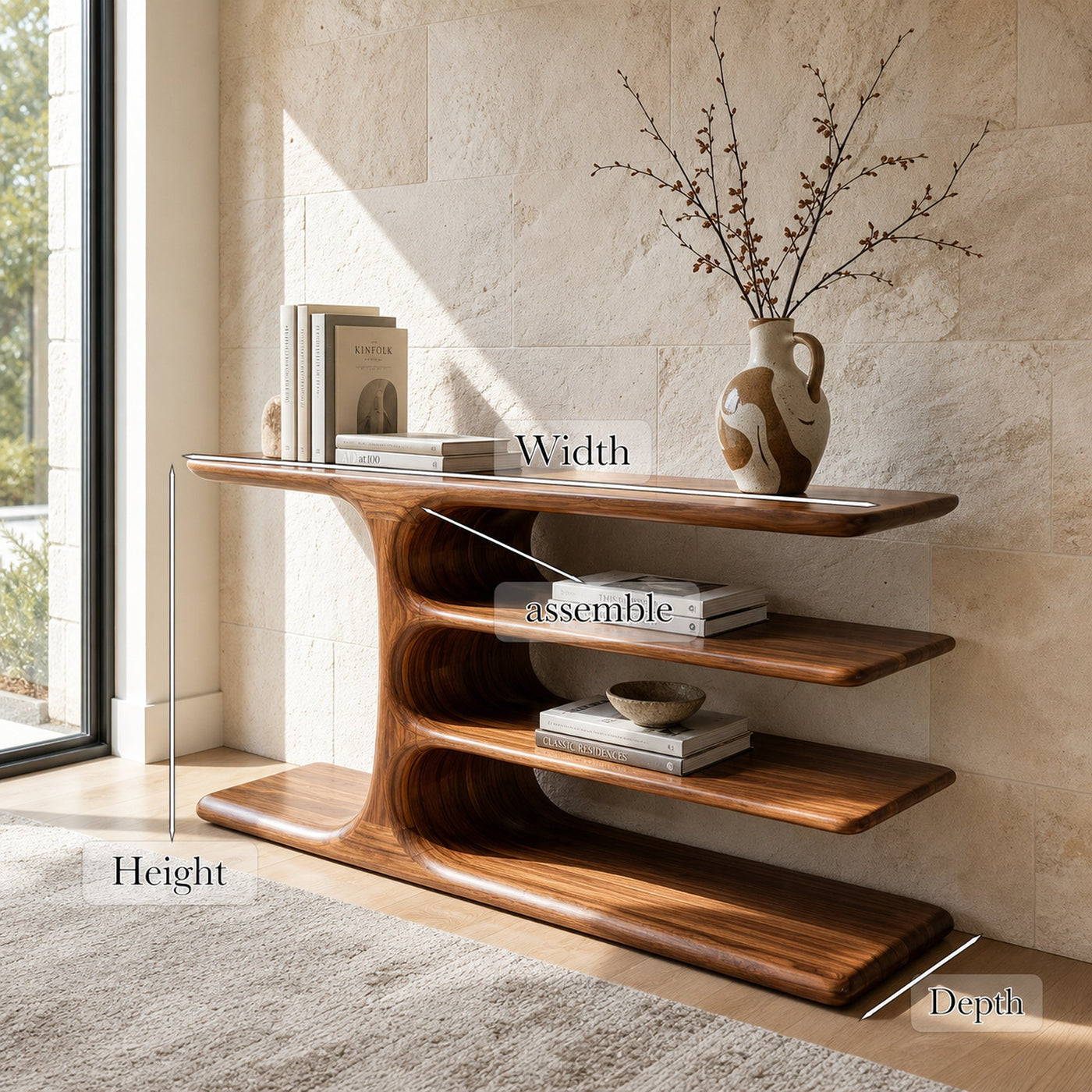 Organic Wooden Console Table With Layered Shelving For Hallway - product view 8