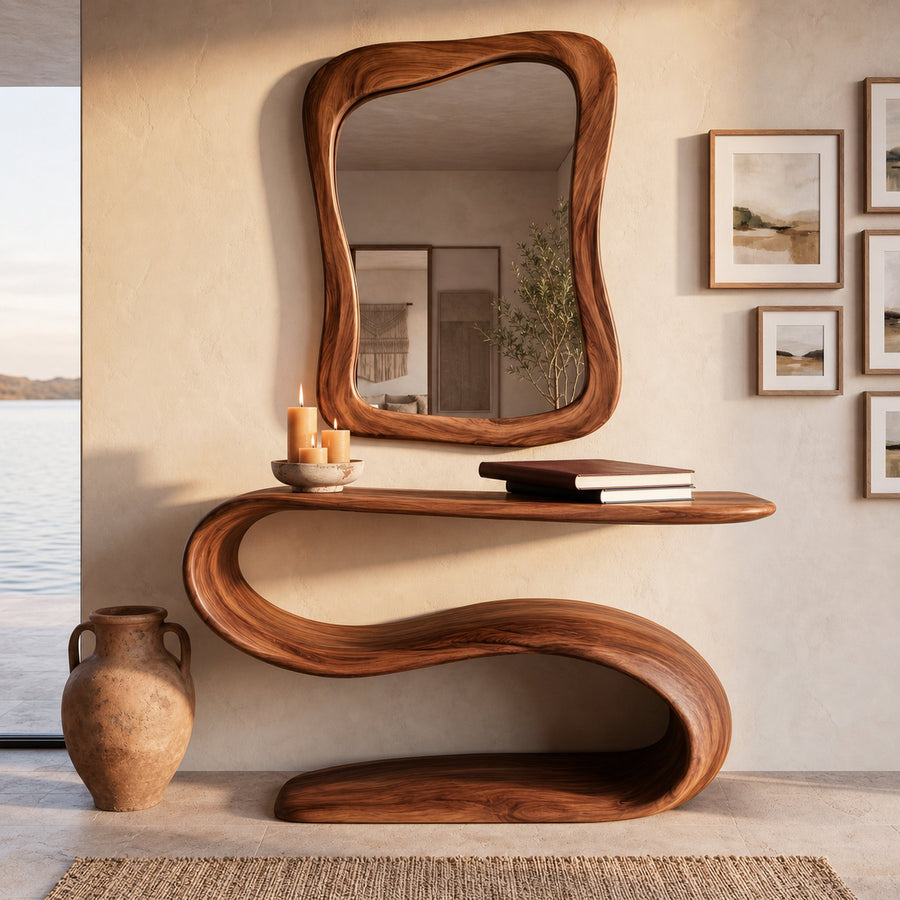 Organic Wooden Console Table With Sculptural Undulating Base For Living