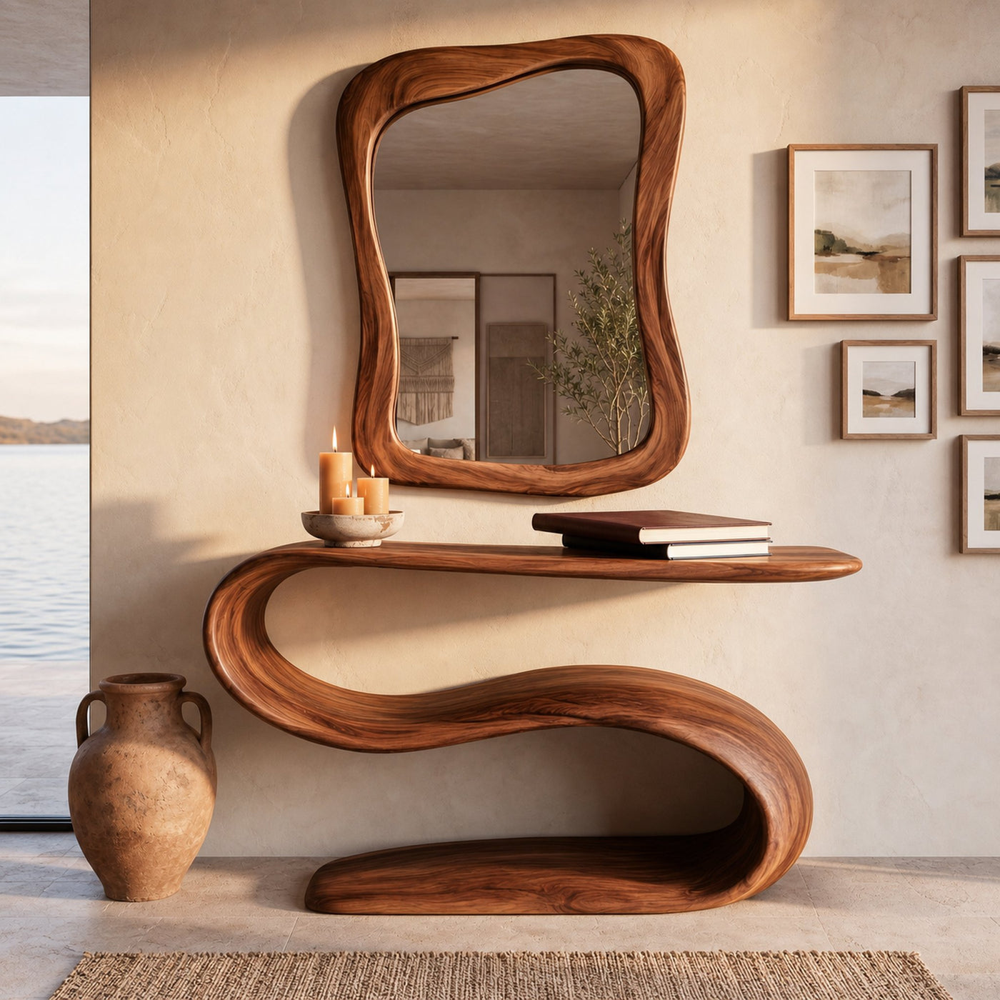 Organic Wooden Console Table With Sculptural Undulating Base For Living