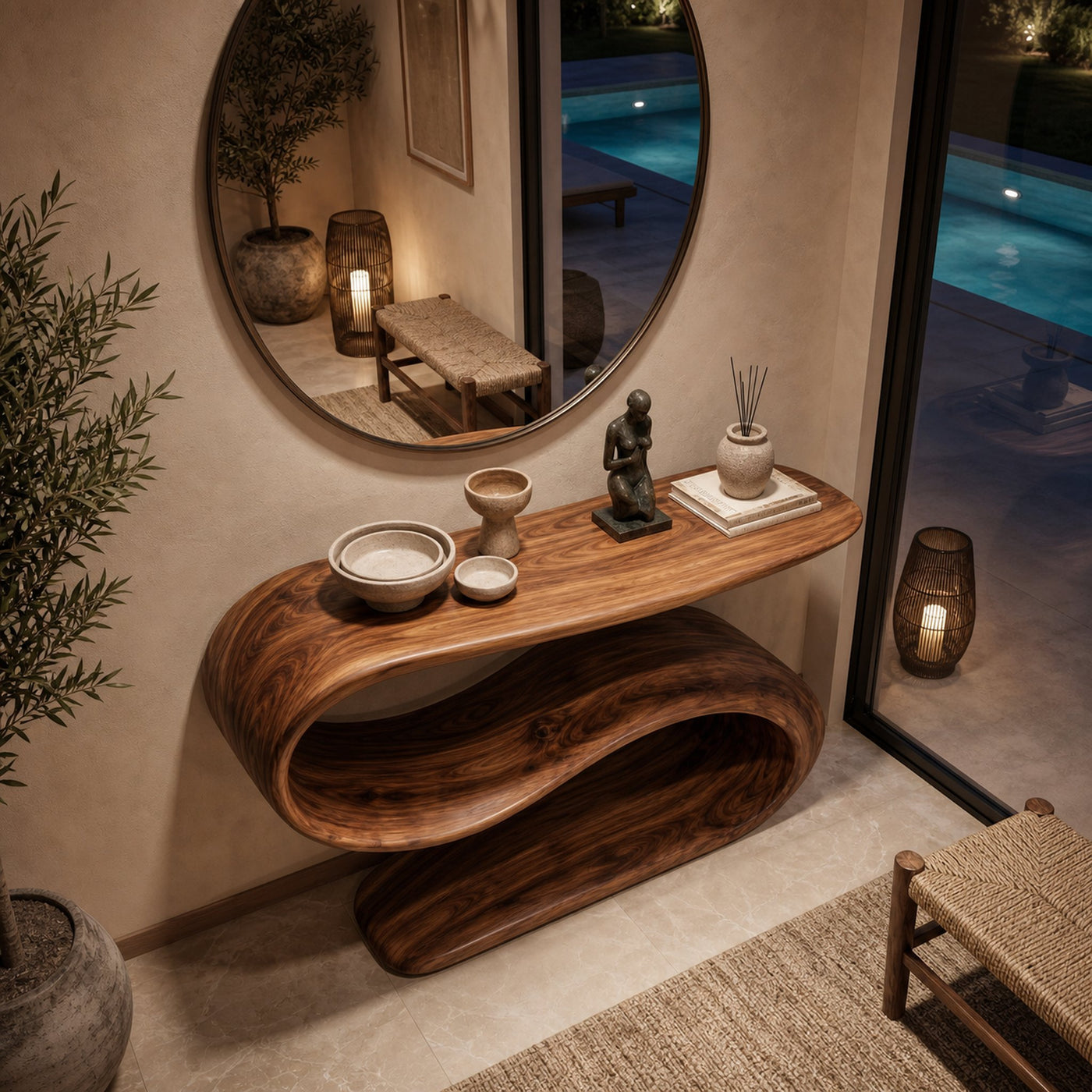 Organic Wooden Console Table With Sculptural Undulating Base For Living - product view 2