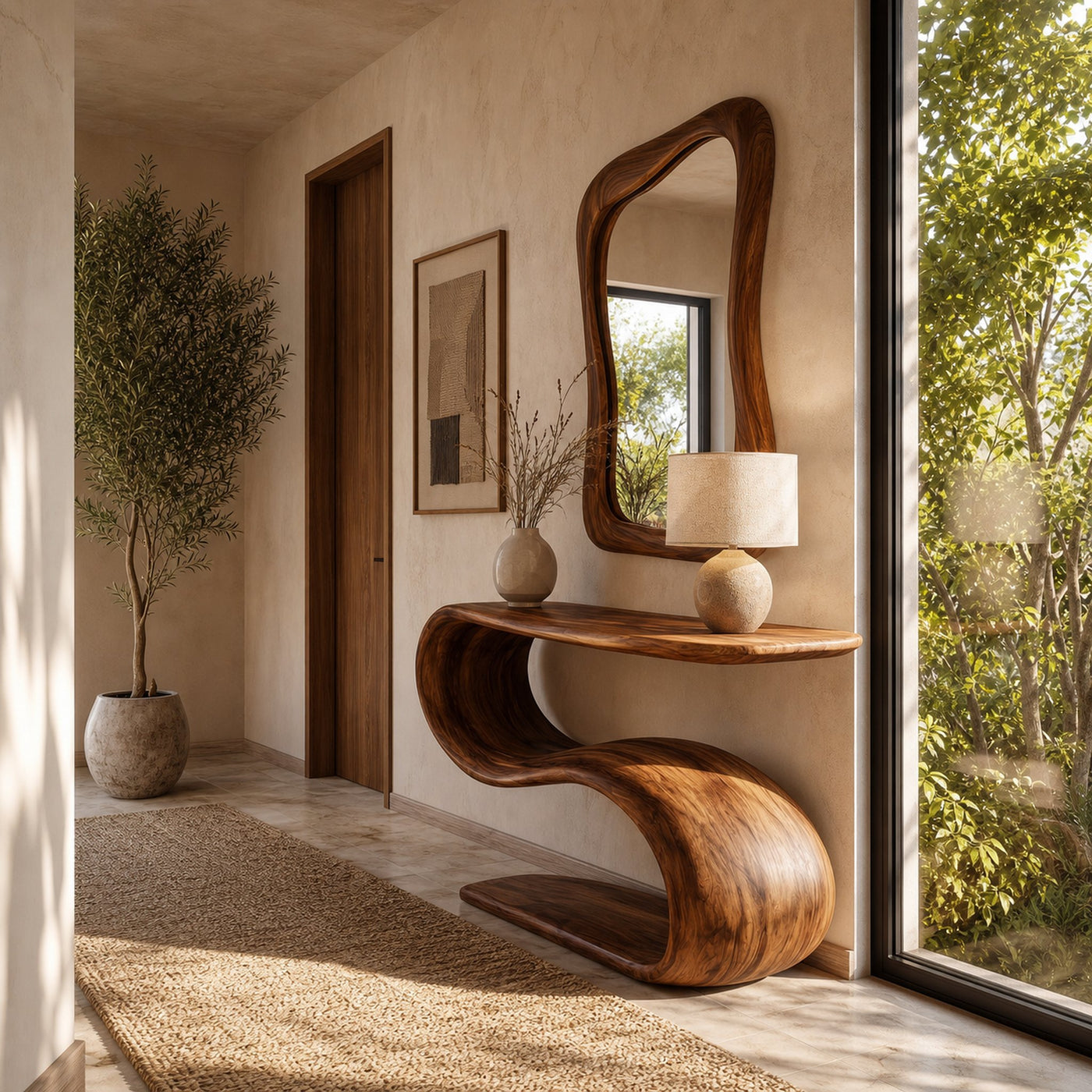 Organic Wooden Console Table With Sculptural Undulating Base For Living - product view 3