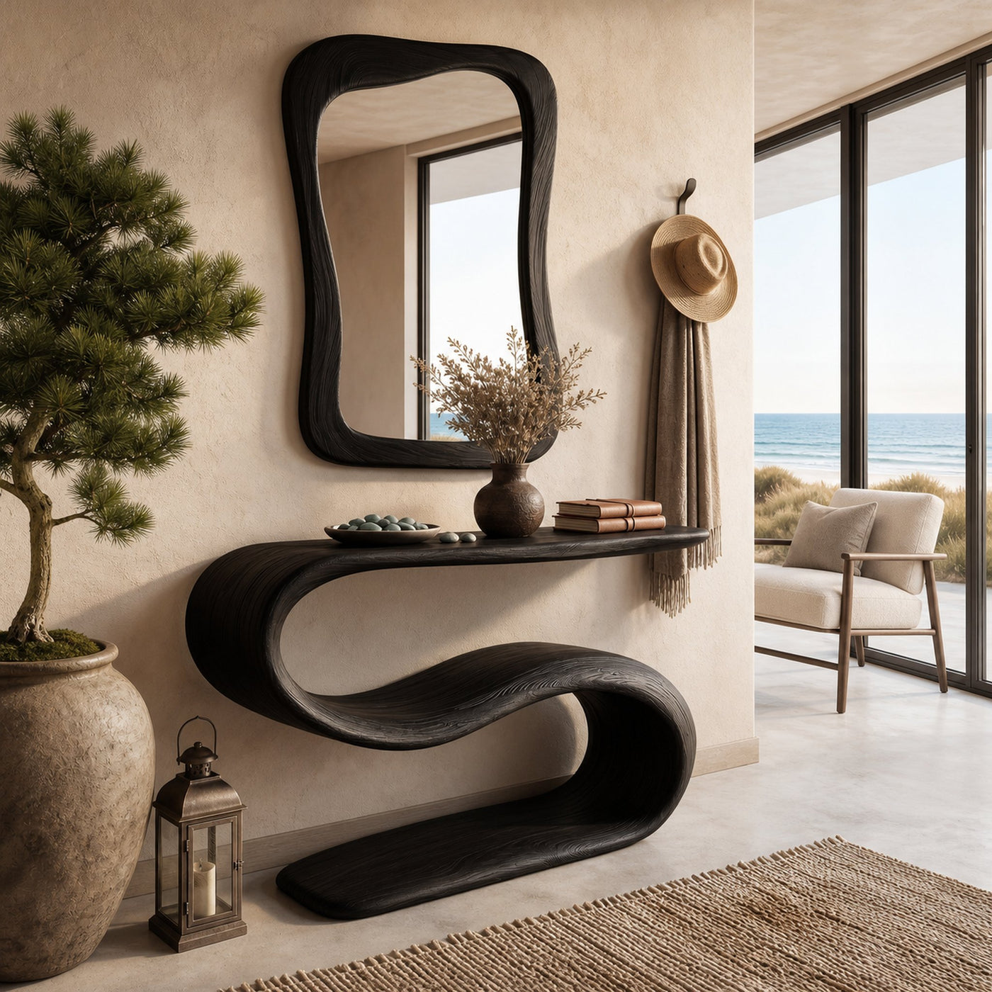 Organic Wooden Console Table With Sculptural Undulating Base For Living - product view 4