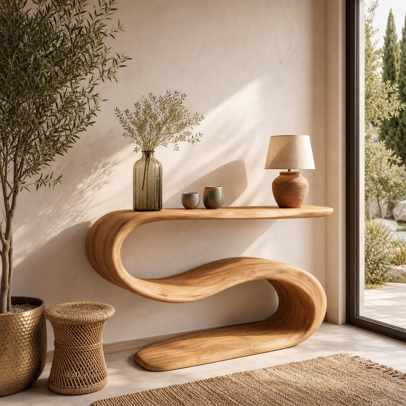 Organic Wooden Console Table With Sculptural Undulating Base For Living - product view 5