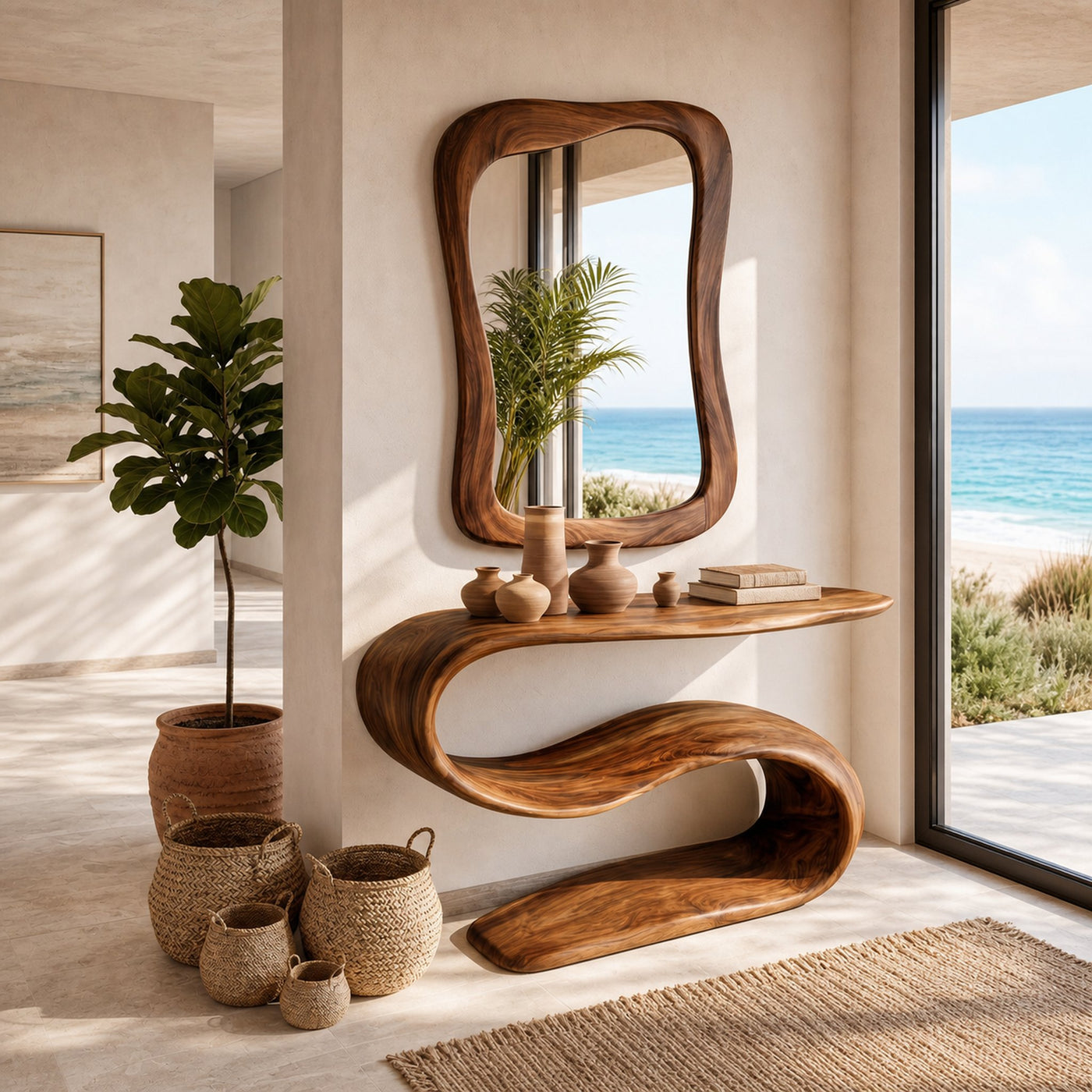 Organic Wooden Console Table With Sculptural Undulating Base For Living - product view 6