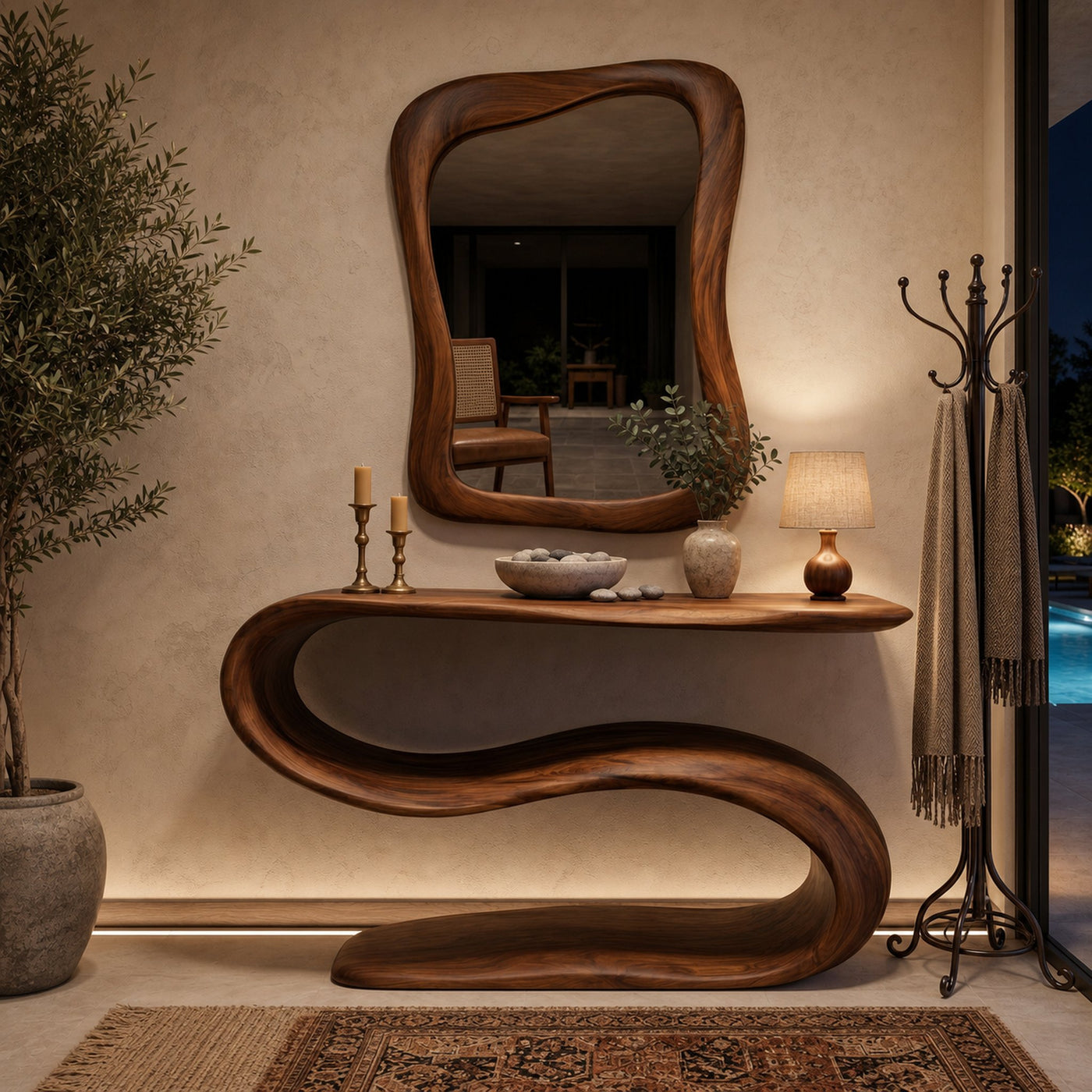 Organic Wooden Console Table With Sculptural Undulating Base For Living - product view 7