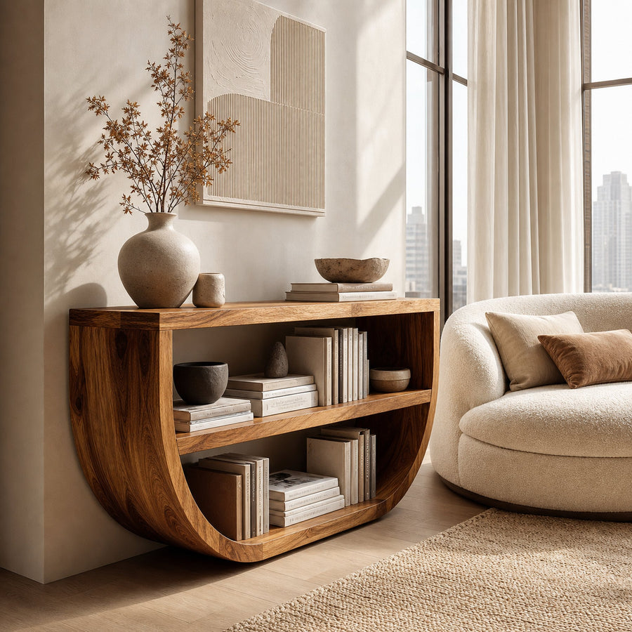 Organic Wooden Console Table With Storage For Living Room