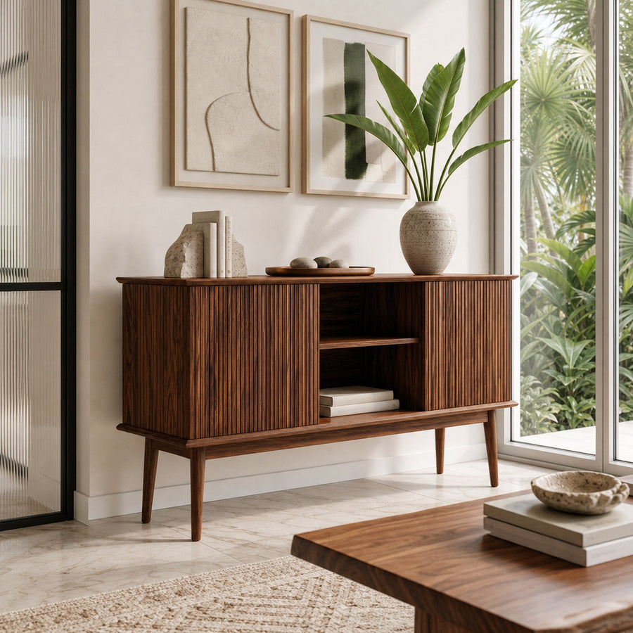 Organic Wooden Fluted Console Table For Entryway