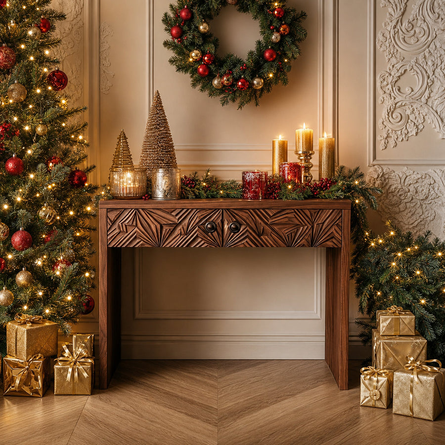 Rustic Carved Console Table Christmas Entryway
