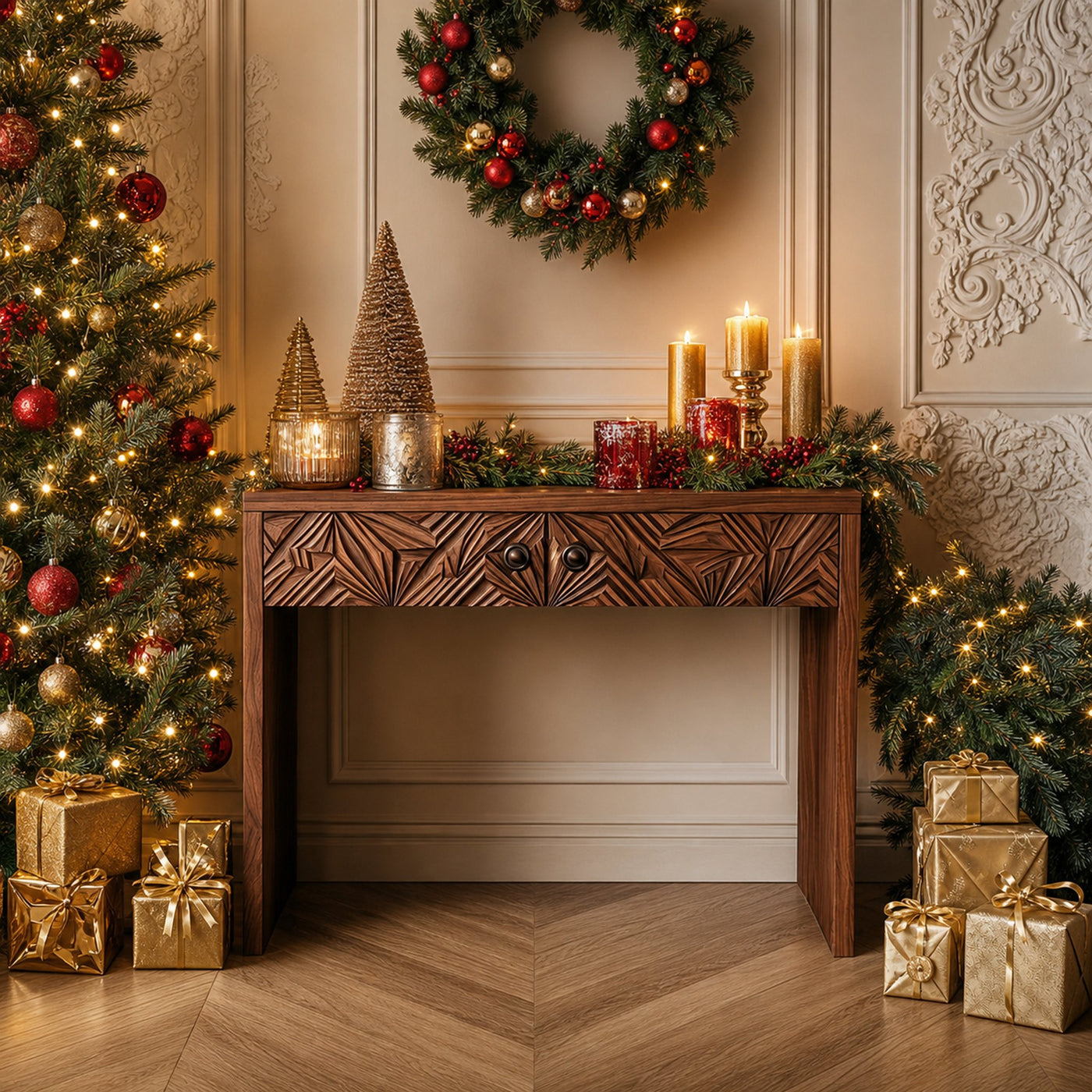 Rustic Carved Console Table Christmas Entryway